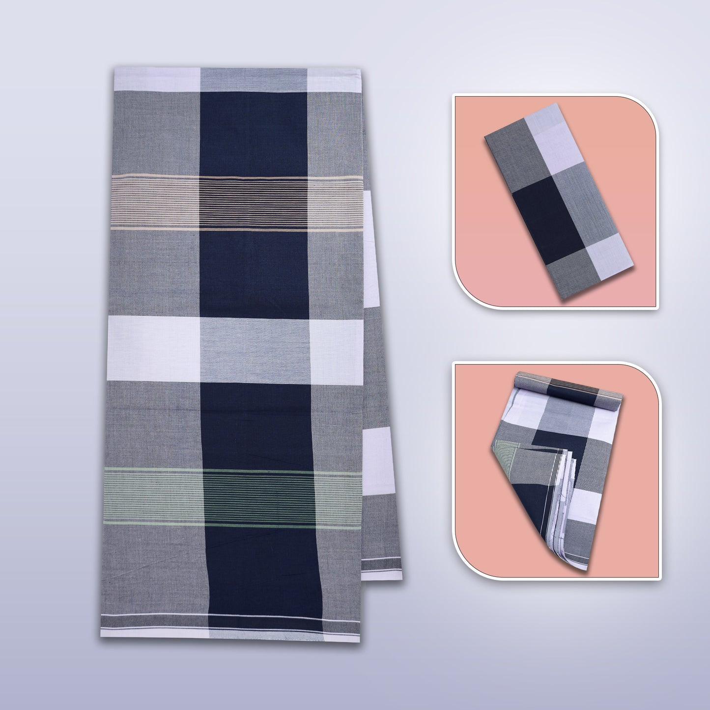 Men’s Navy Blue With Grey Stripe Design Cotton Stitched Lungi
