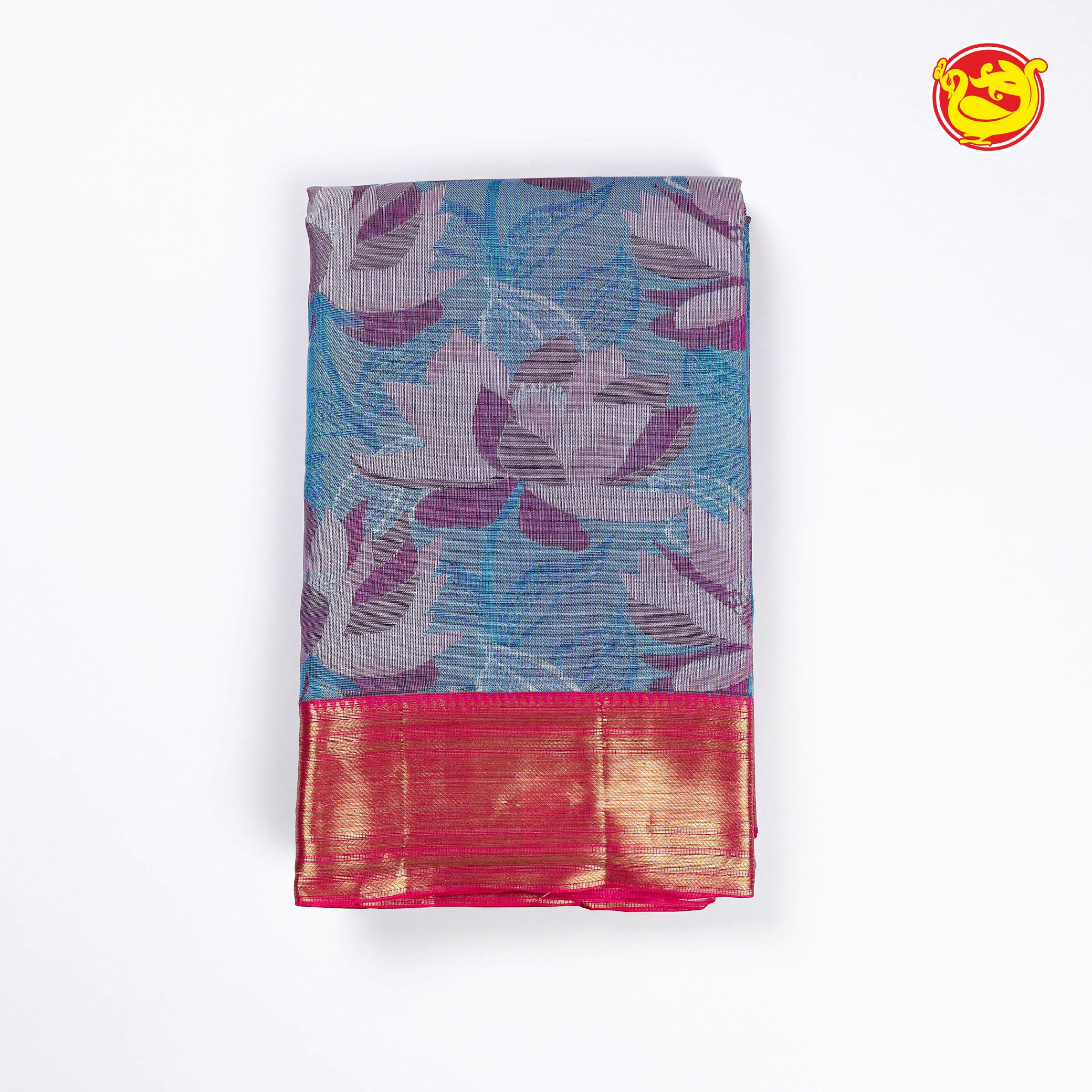 Metallic blue with pink pure silk saree with woven floral motifs