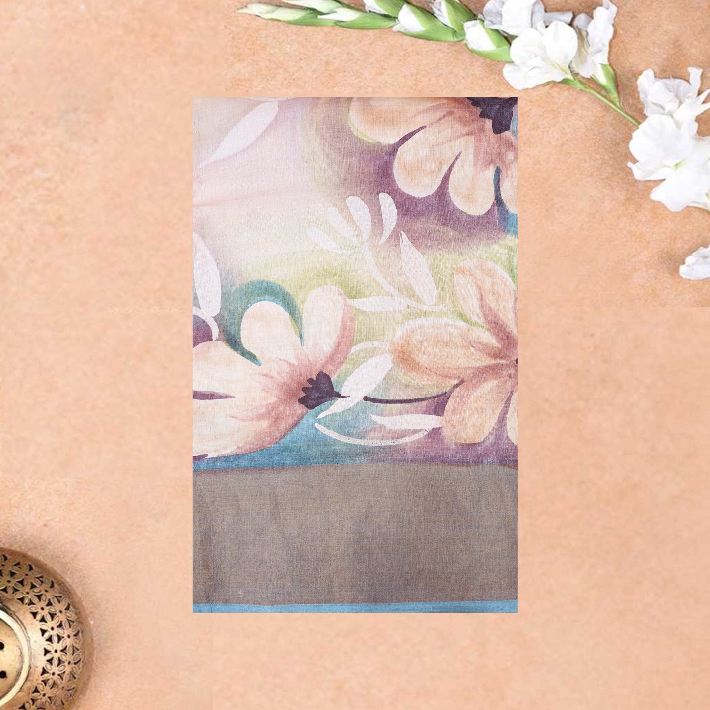 Pure Tussar Silk Saree Cream and Peacock Blue With Floral Design and Painted Prints and Zari Woven Border