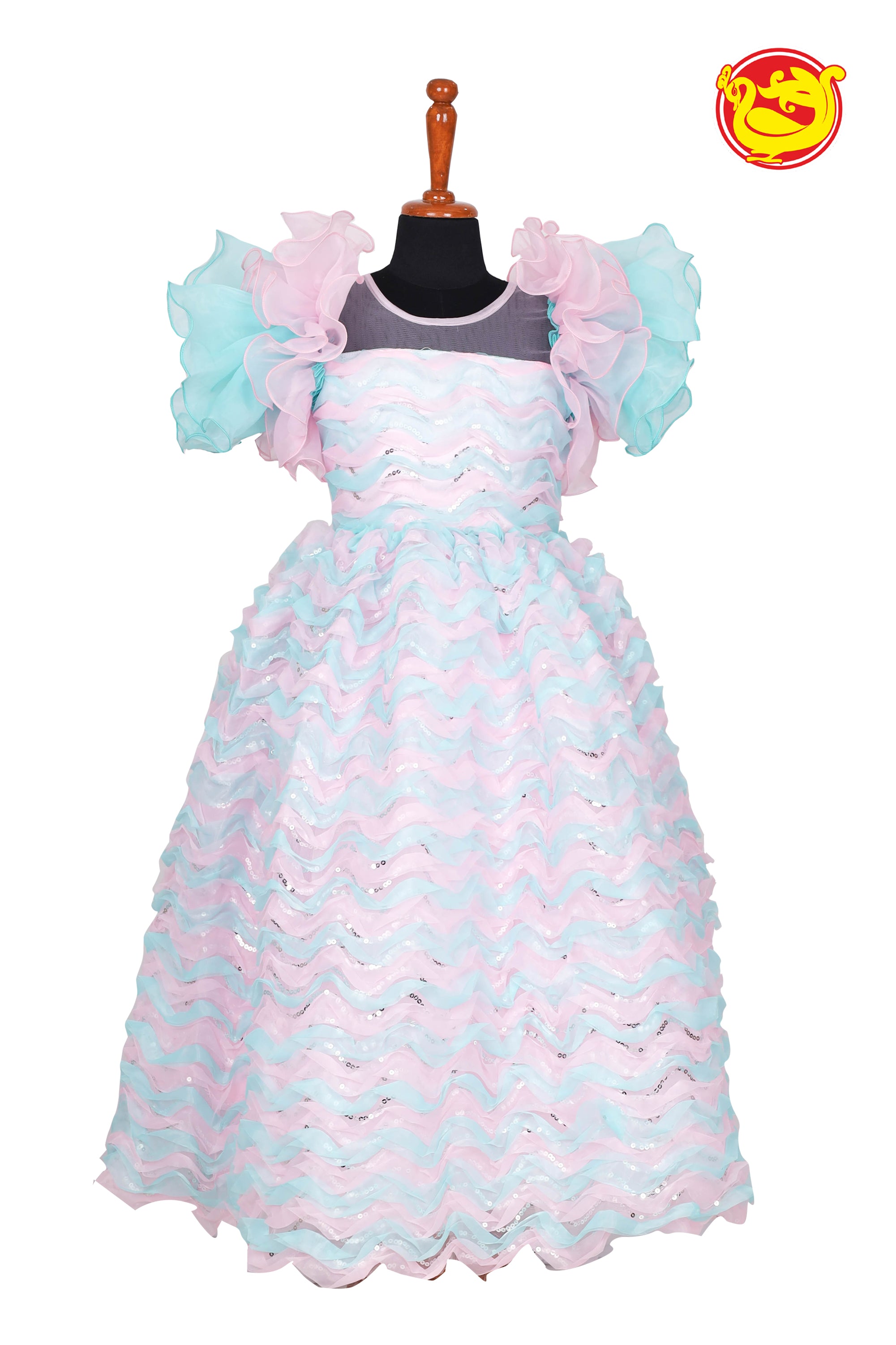 Sky Blue With Light Pink Girls Maxi Full Length Party Dress