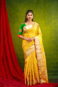 Mild yellow pure Arani silk saree with checks - Thenianantham