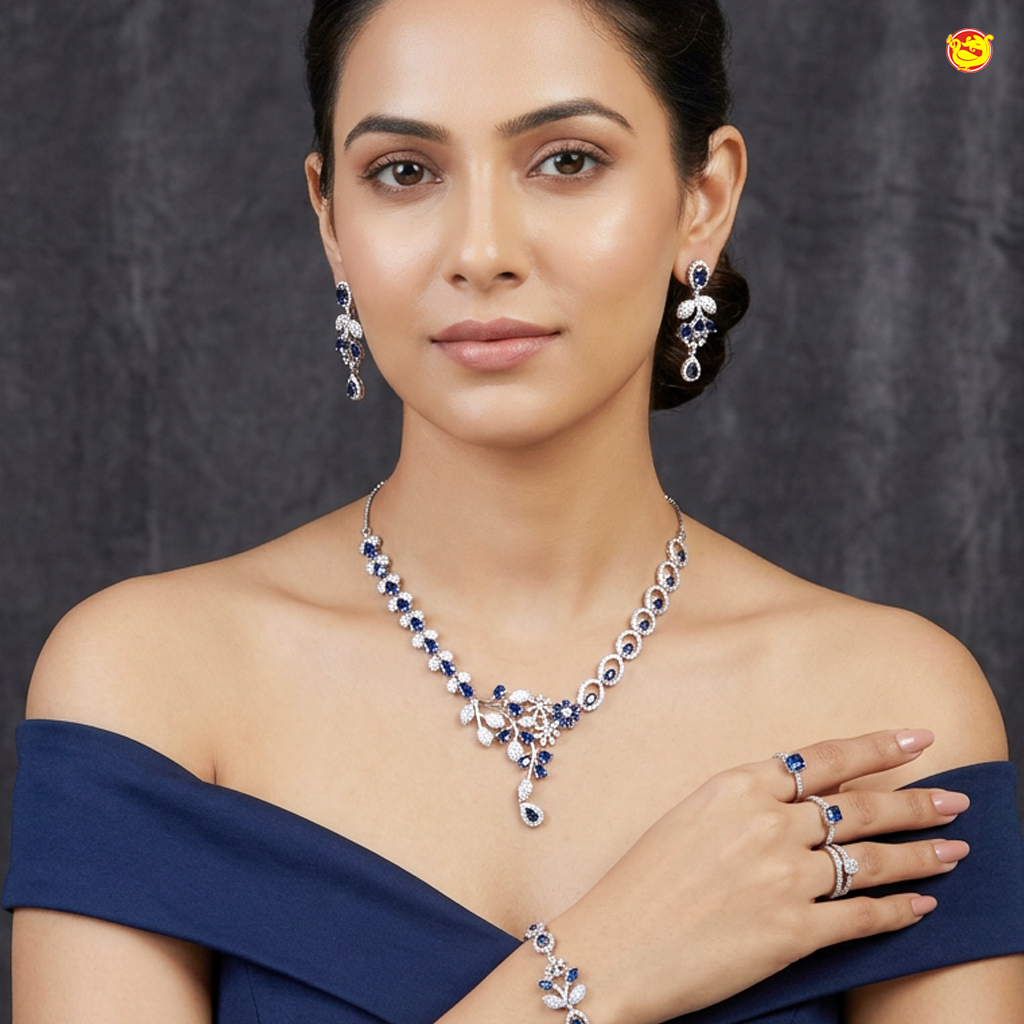 Silver-Plated With Blue Stone Necklace matching earrings Set