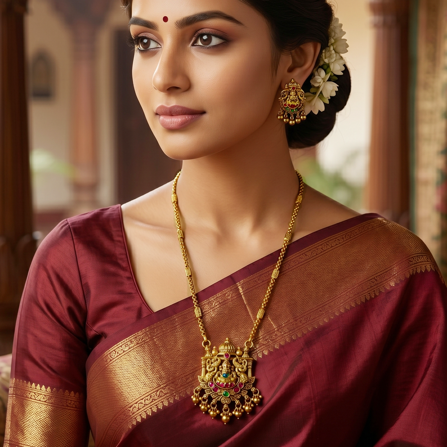 Antique  Lakshmi God Design With Rupy Stone Work Earring Set  Necklace