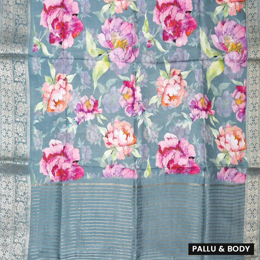 Grayish-blue with Floral Design Dola Silk Saree