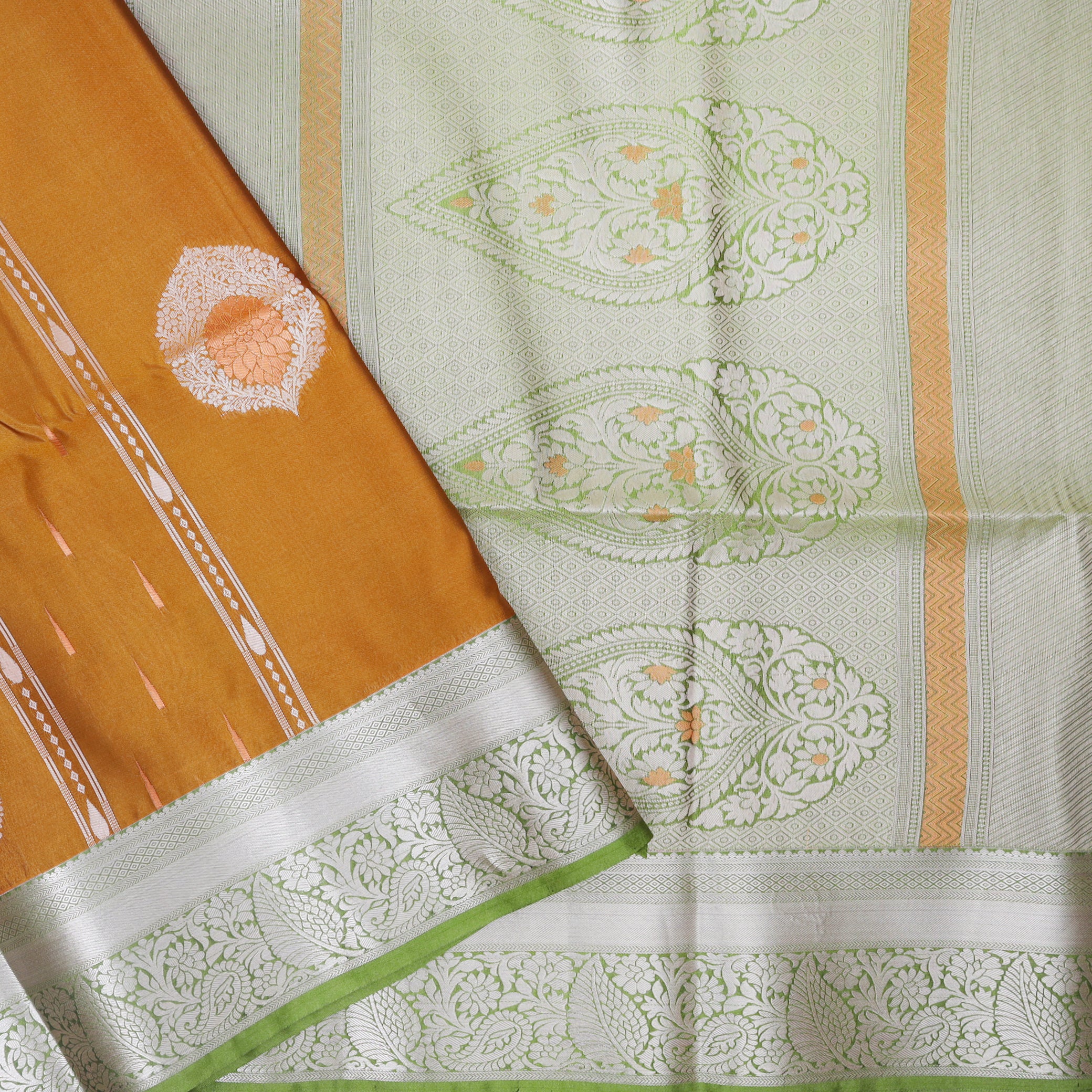 Caramel with Lime Green Soft Silk Saree