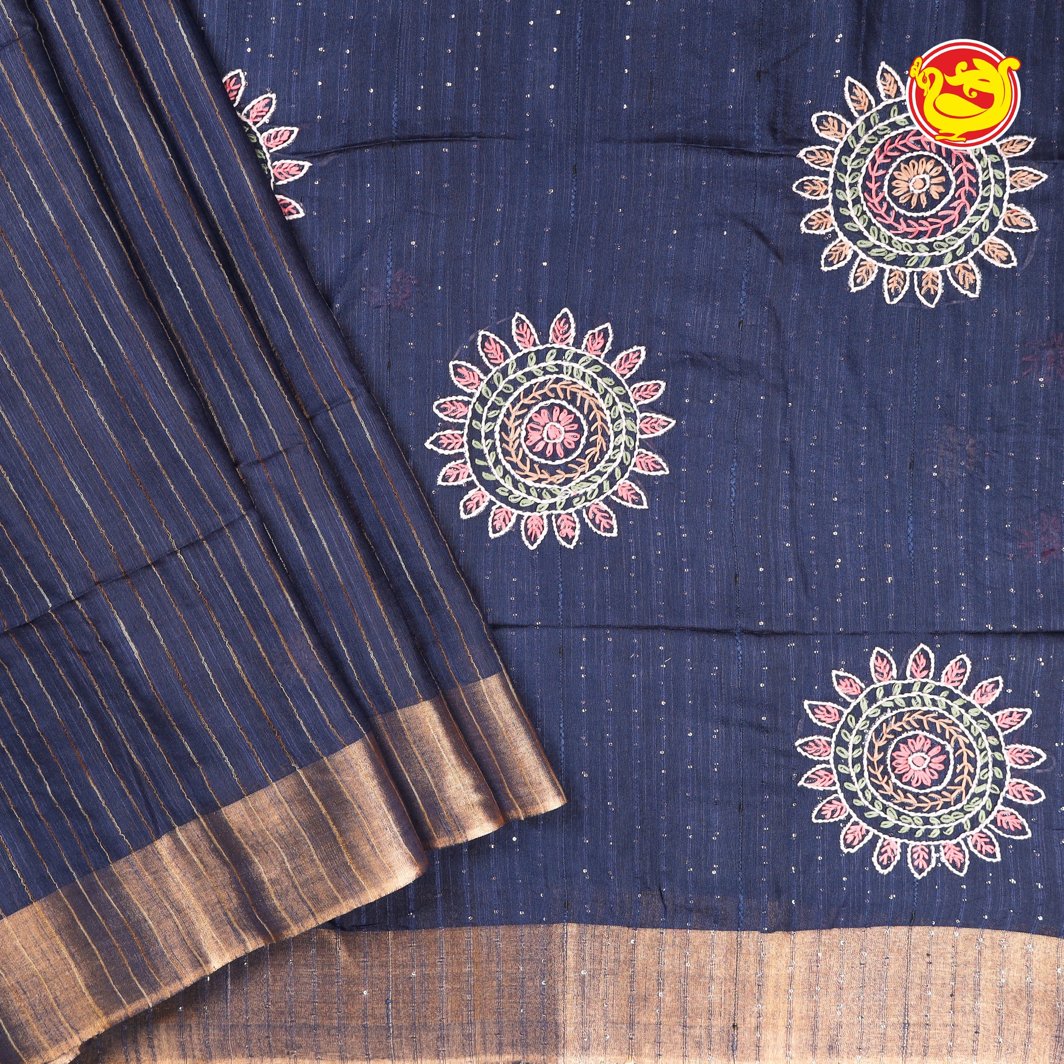 Dark blue bamboo Tussar saree with embroidery