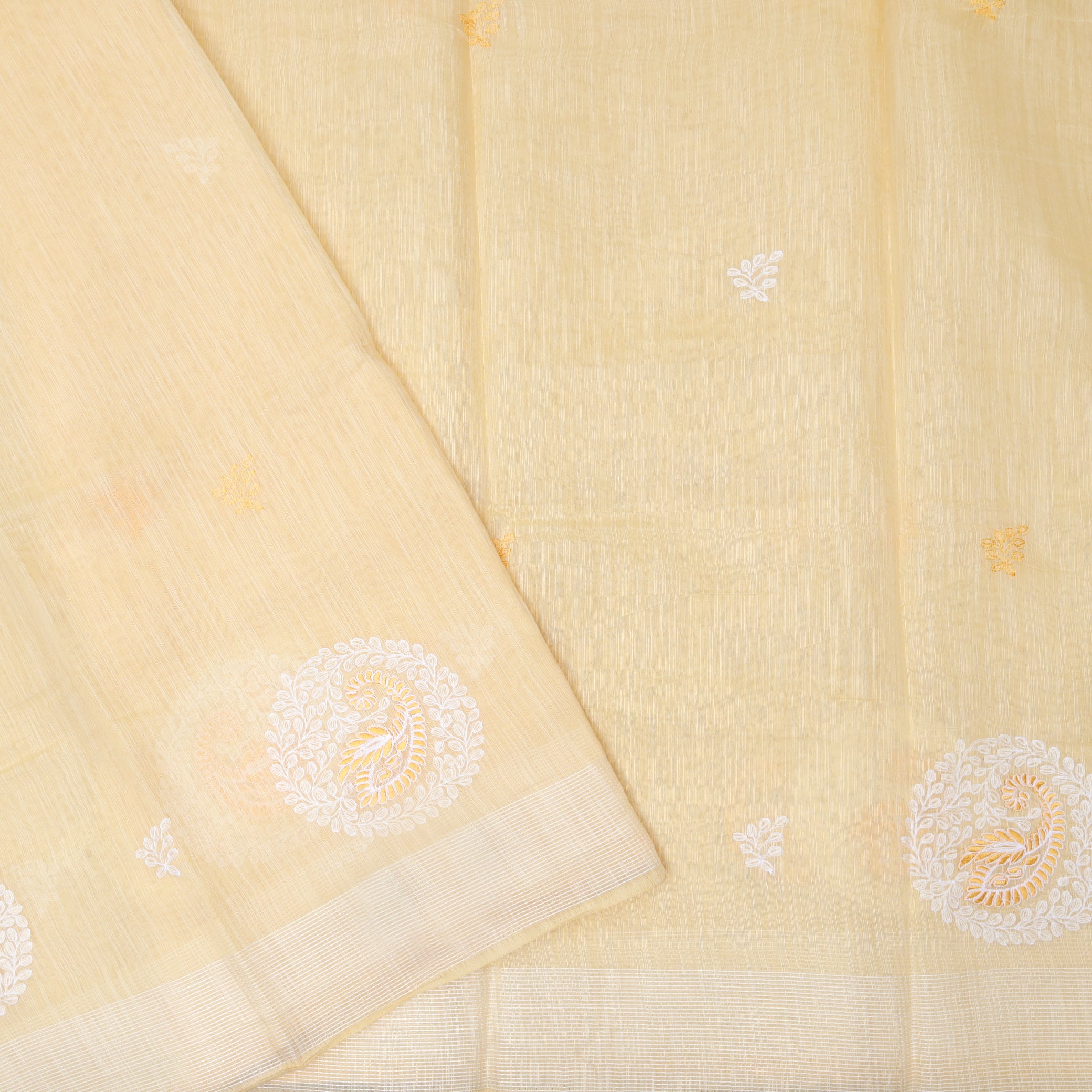 Cream Yellow Color Linen Cotton Saree