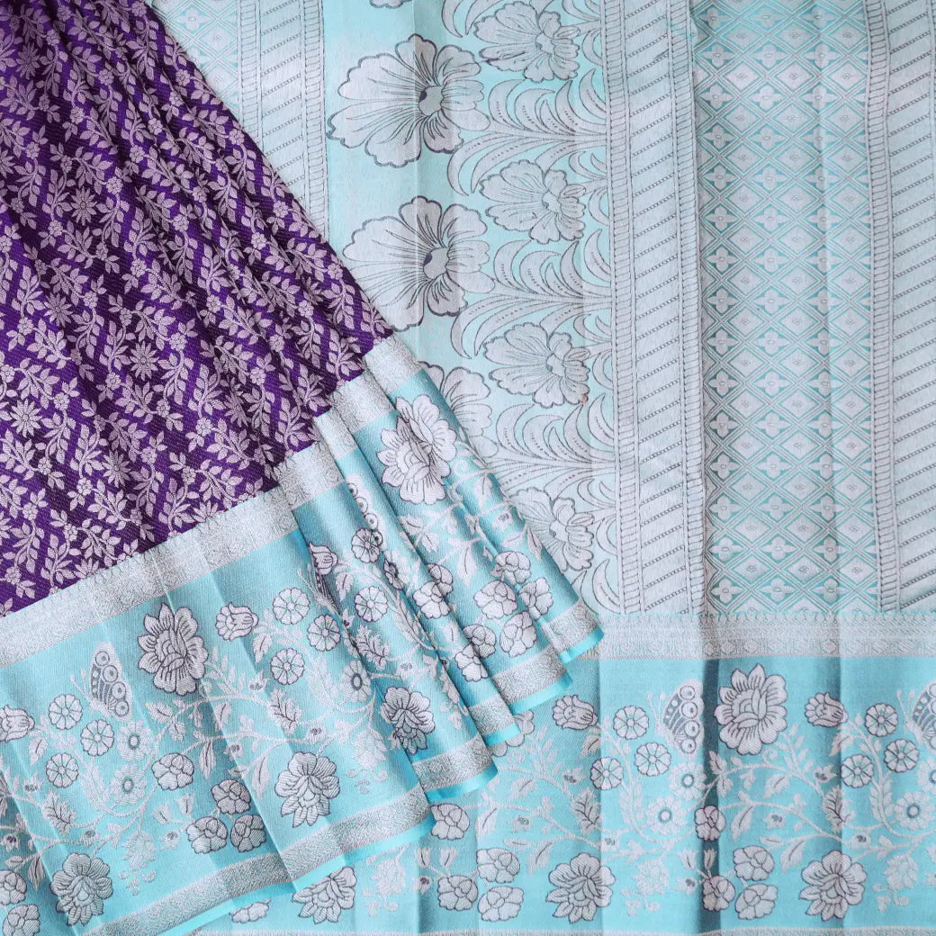 Purple with Sky Blue  Kanchipuram Wedding silk saree
