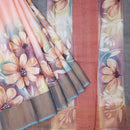 Pure Tussar Silk Saree Cream and Peacock Blue With Floral Design and Painted Prints and Zari Woven Border