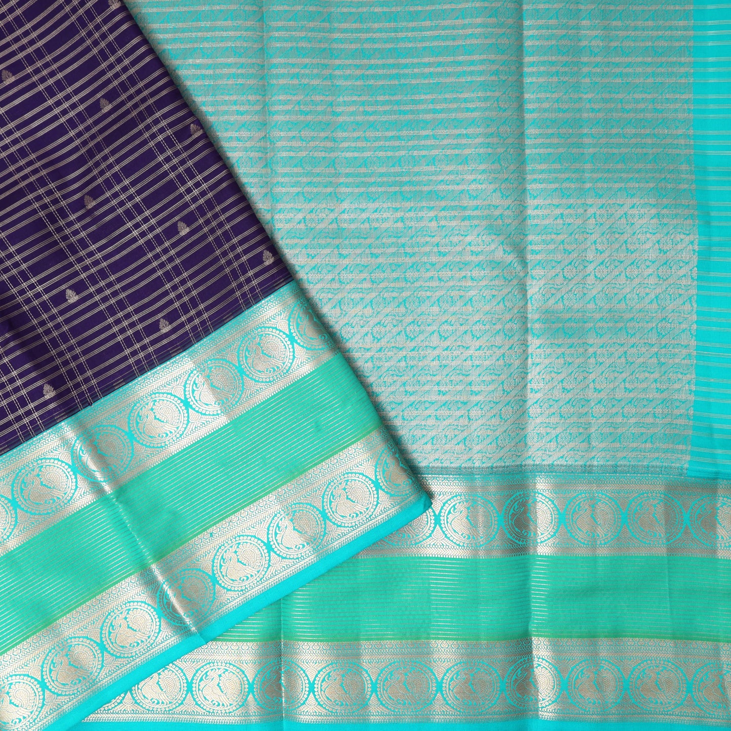 Dark Purple With Teal Green Gold Zari Yuvana Semi Soft Silk Saree