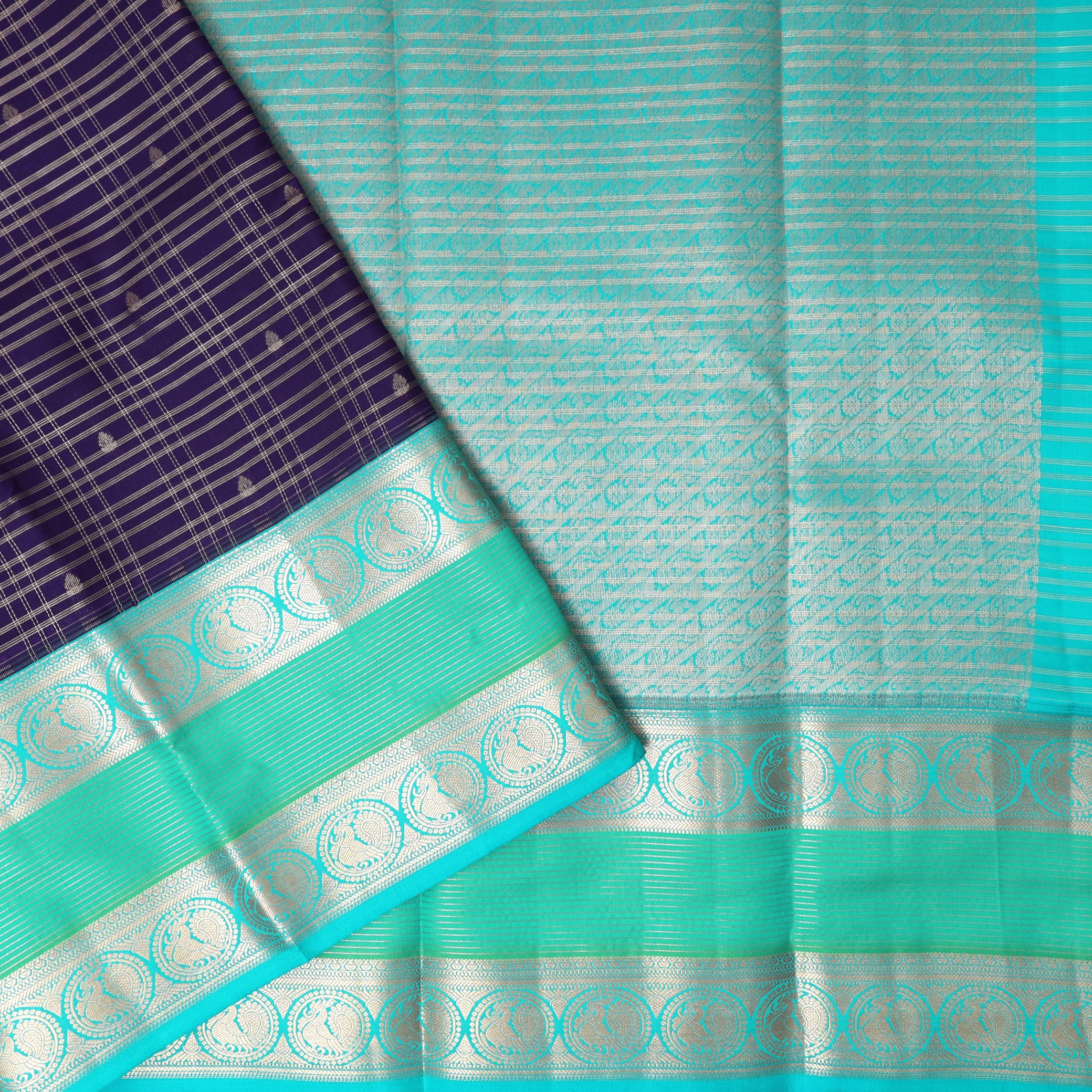 Dark Purple With Teal Green Gold Zari Yuvana Semi Soft Silk Saree