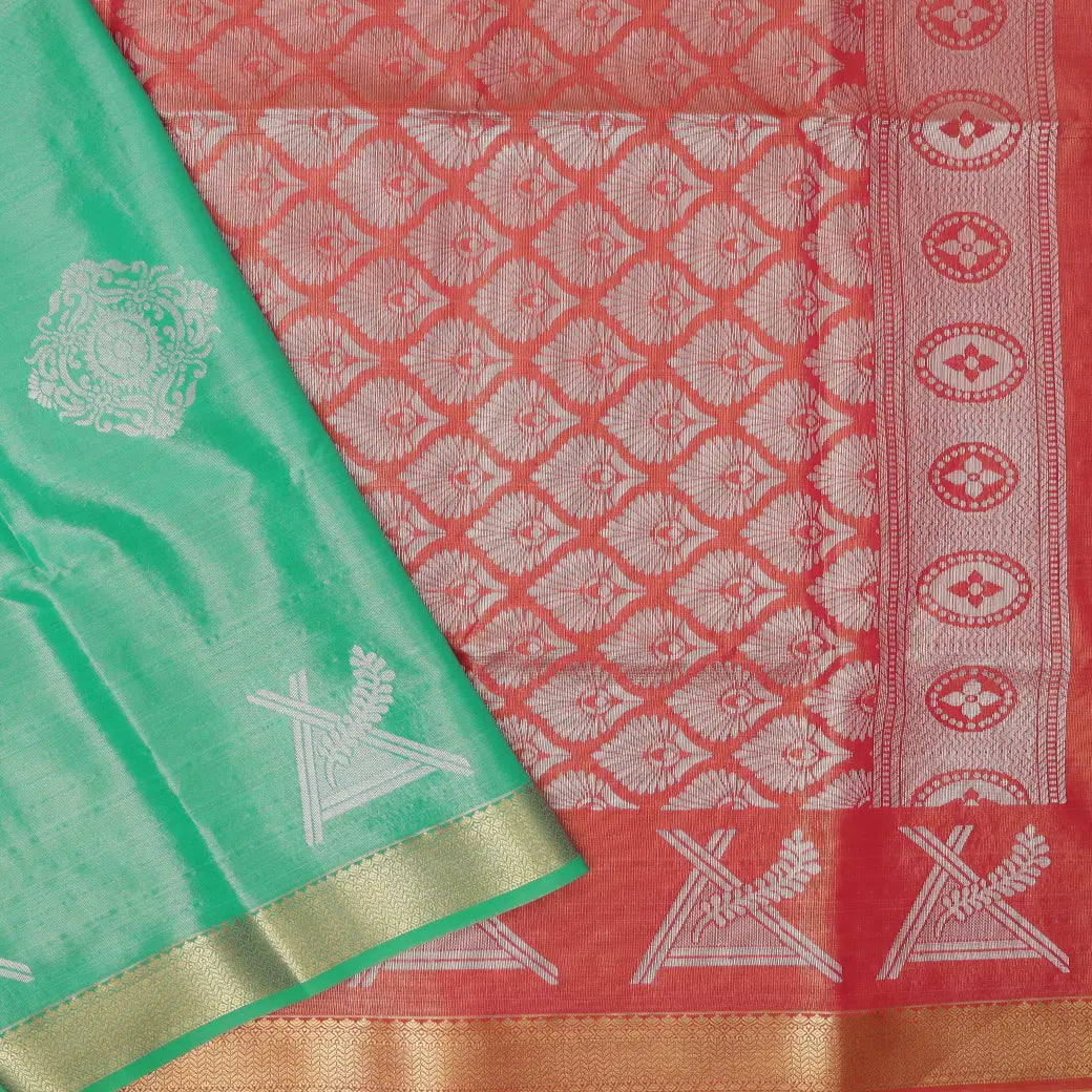 light green and coral pink Tissue Silk Saree