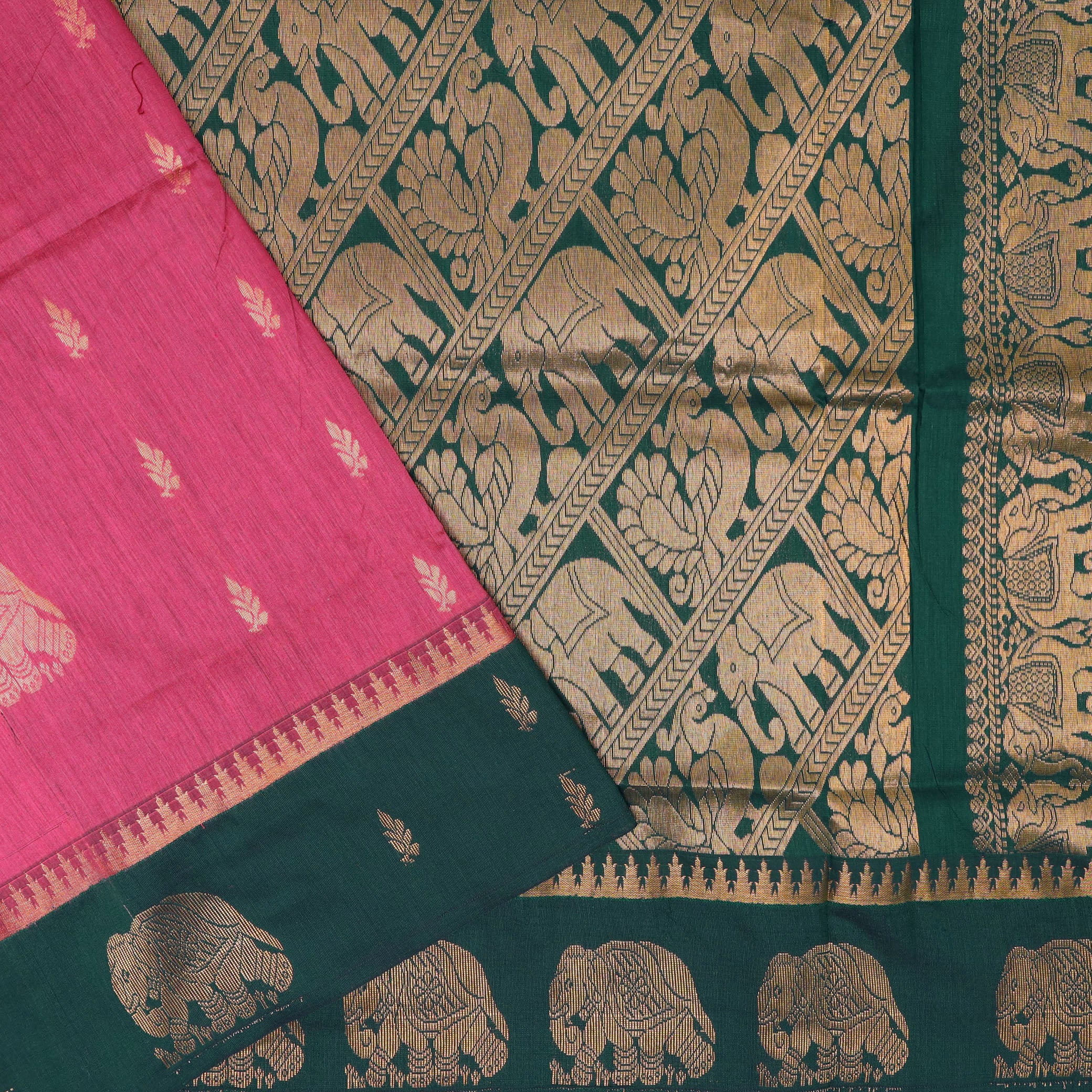 Rani Pink With Bottle Green Premium Quality Kalyani Cotton Saree
