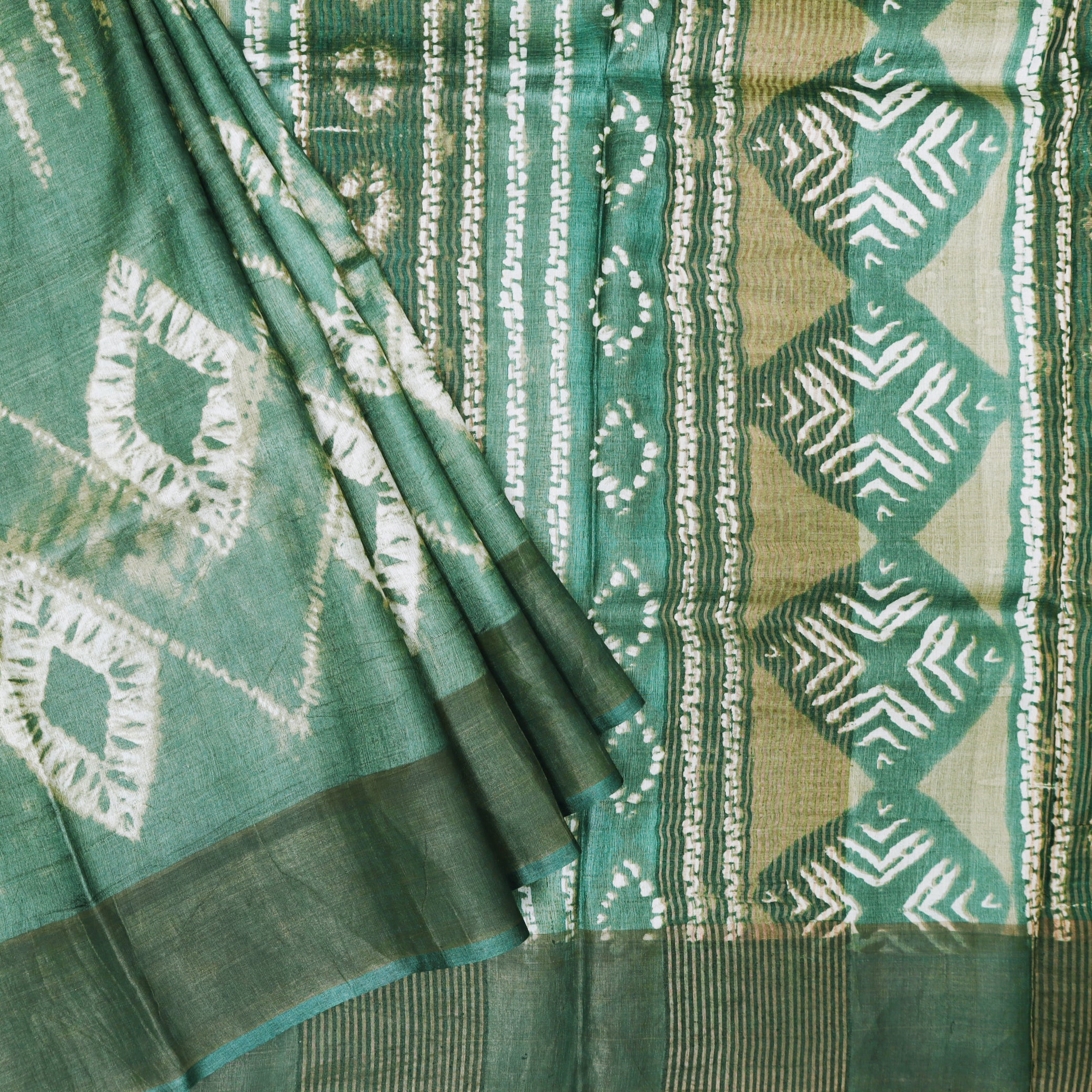 Pure Tussar Silk Saree Green With Floral Design and Painted Prints and Zari Woven Border