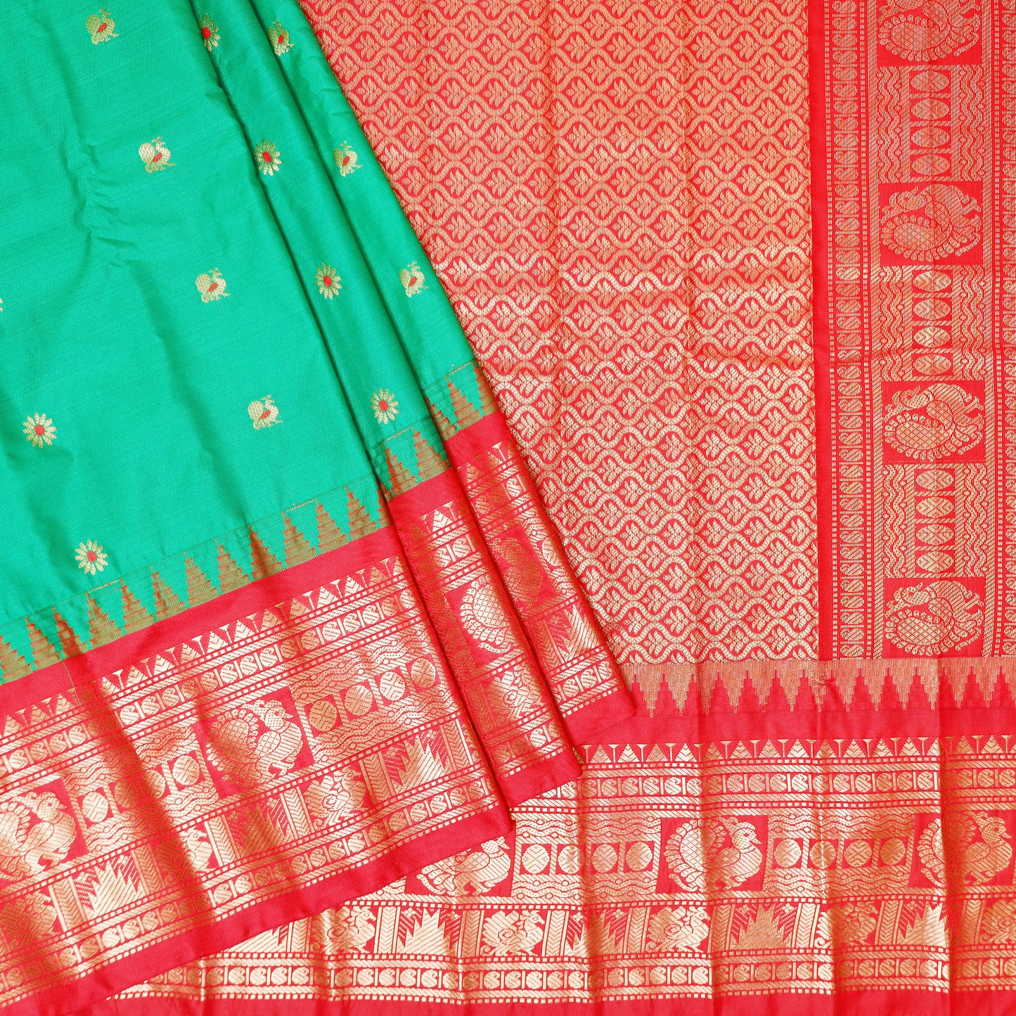 Green with Red Gadwal silk saree