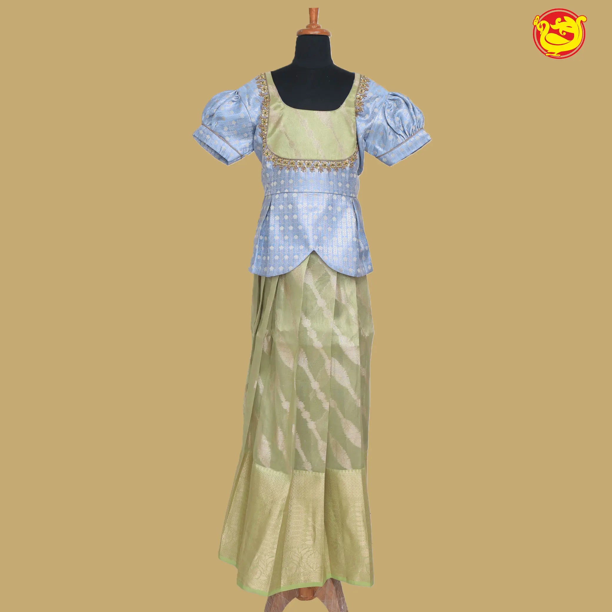 Light Grey with Green Girls Readymade Pattu Pavadai Set