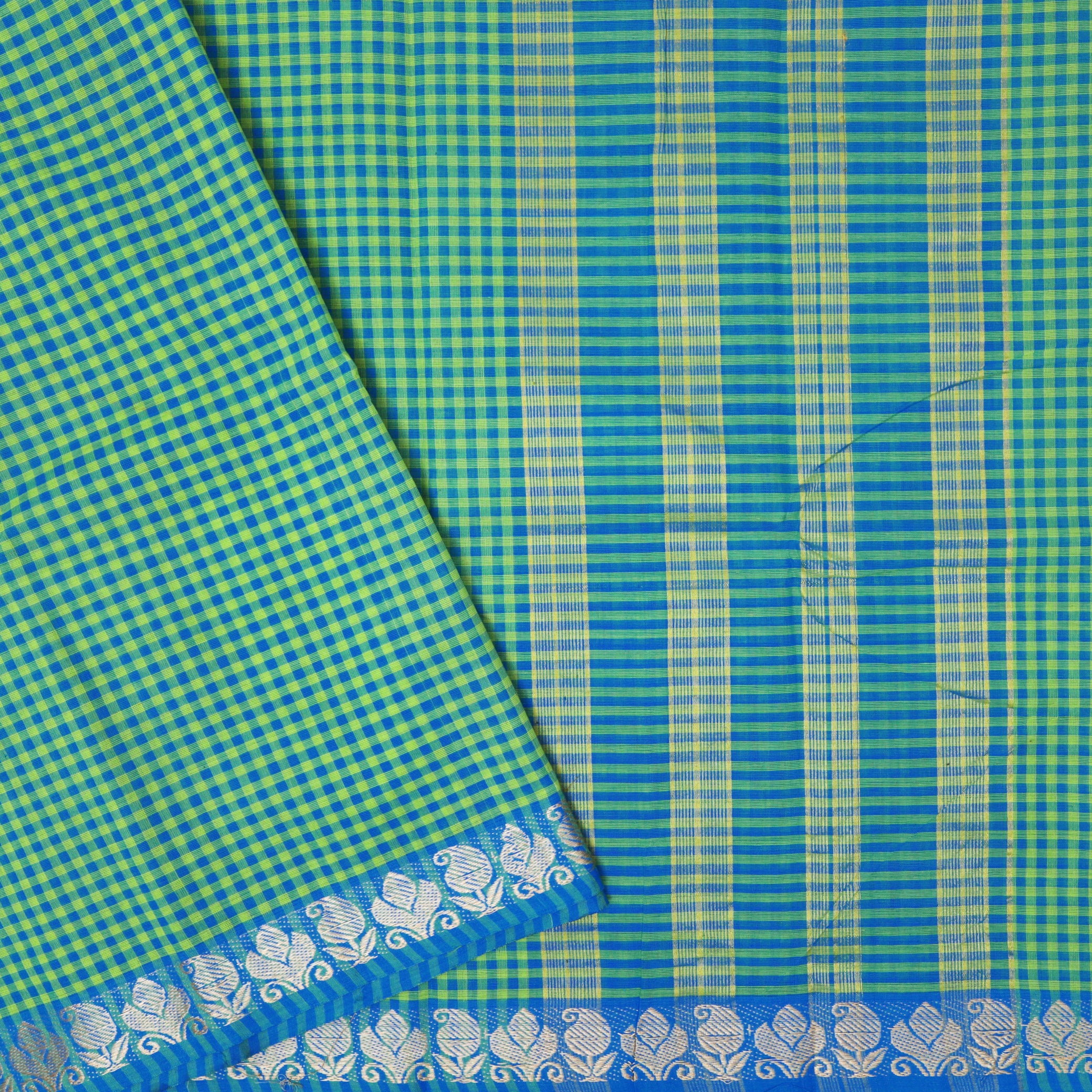 Green Colour Small Checked Pattern Pure Chettinad Cotton Saree without Blouse