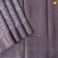 Unique Purple Chanderi Silk Saree with Floral Motifs and Copper Zari Border - Thenianantham