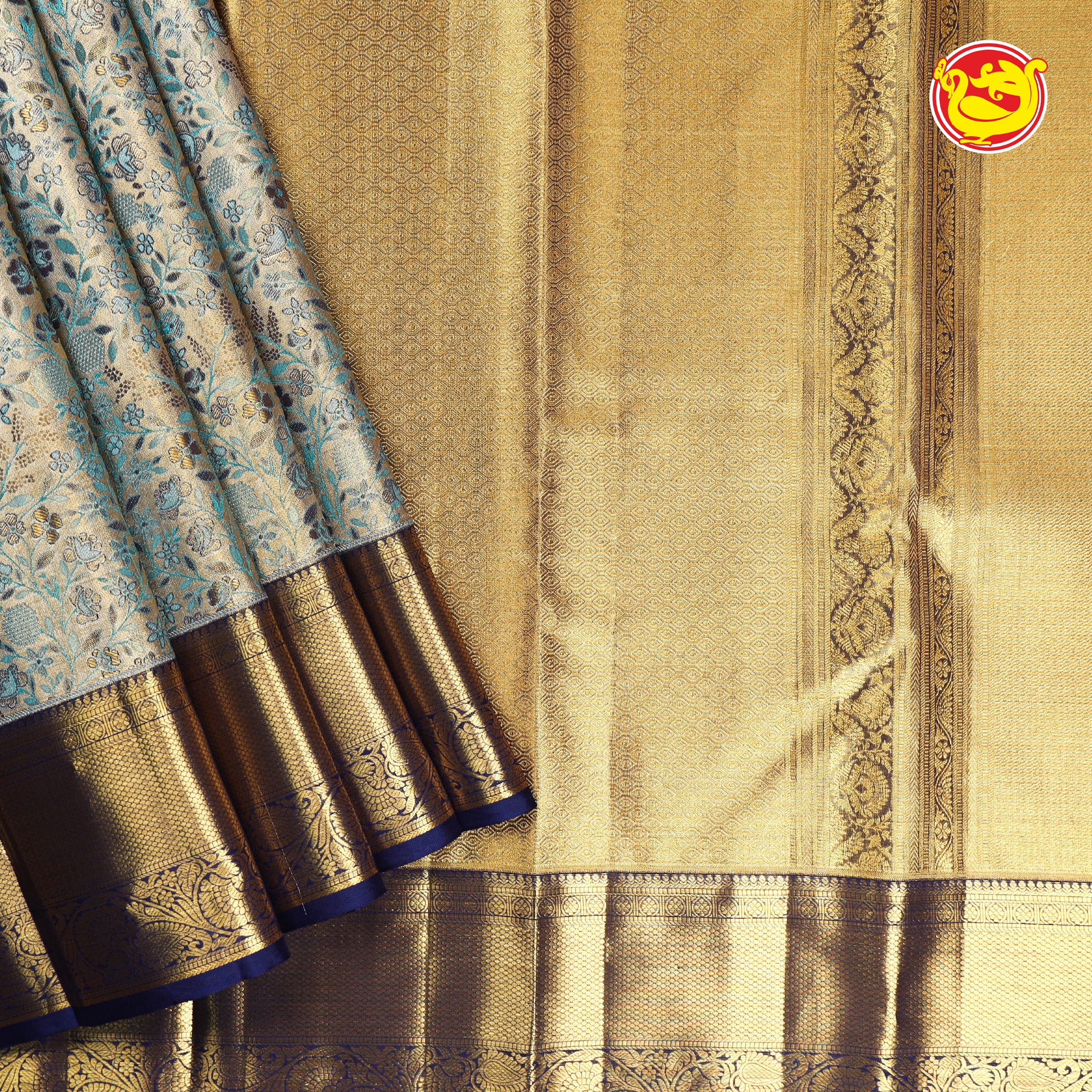 Golden tissue with navy blue wedding silk saree