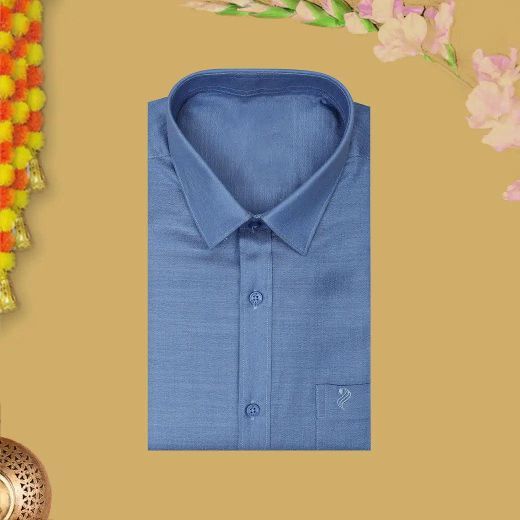 Blue With Sandel Cotton Readymade Shirt and Singel Matching Border Dhoti Set For Men