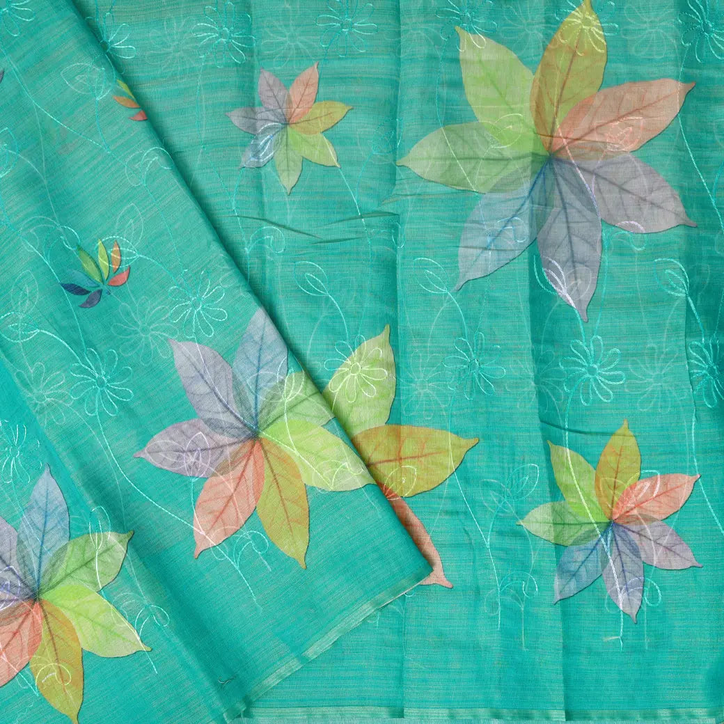 Cyan Green with Floral Design Trendy Tissue Fancy Saree