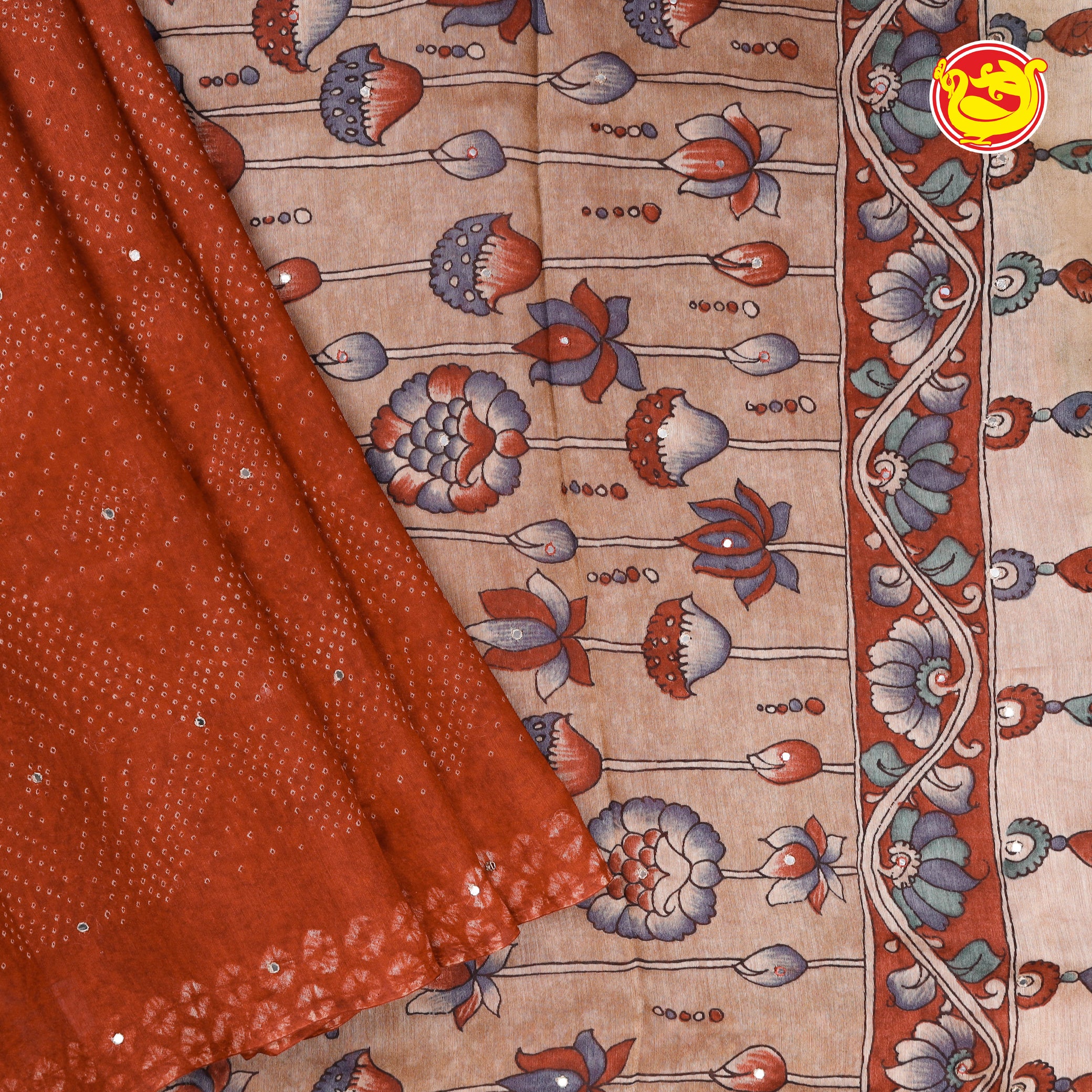 Rust orange semi linen saree with mirror hand embroidery