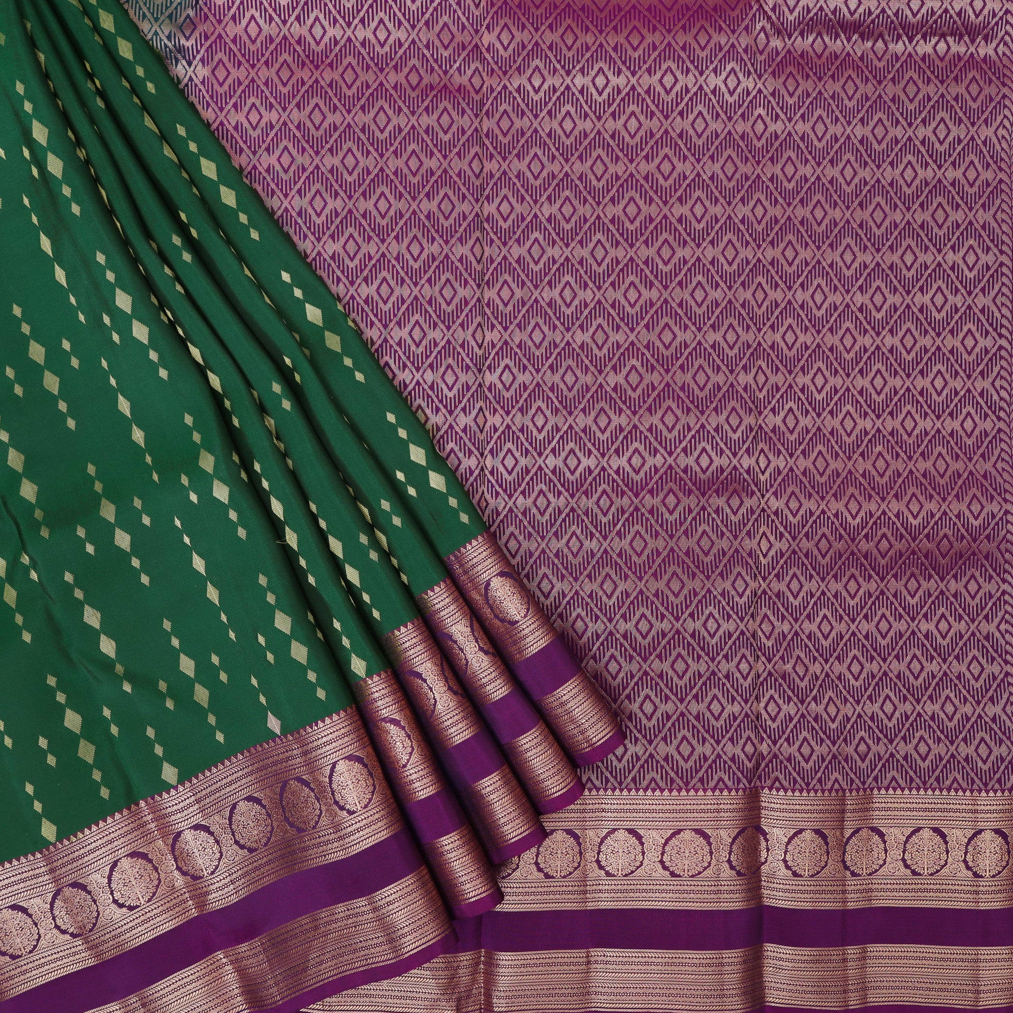 Dark Green With Dark Purple Gold Zari Yuvana Semi Soft Silk Saree