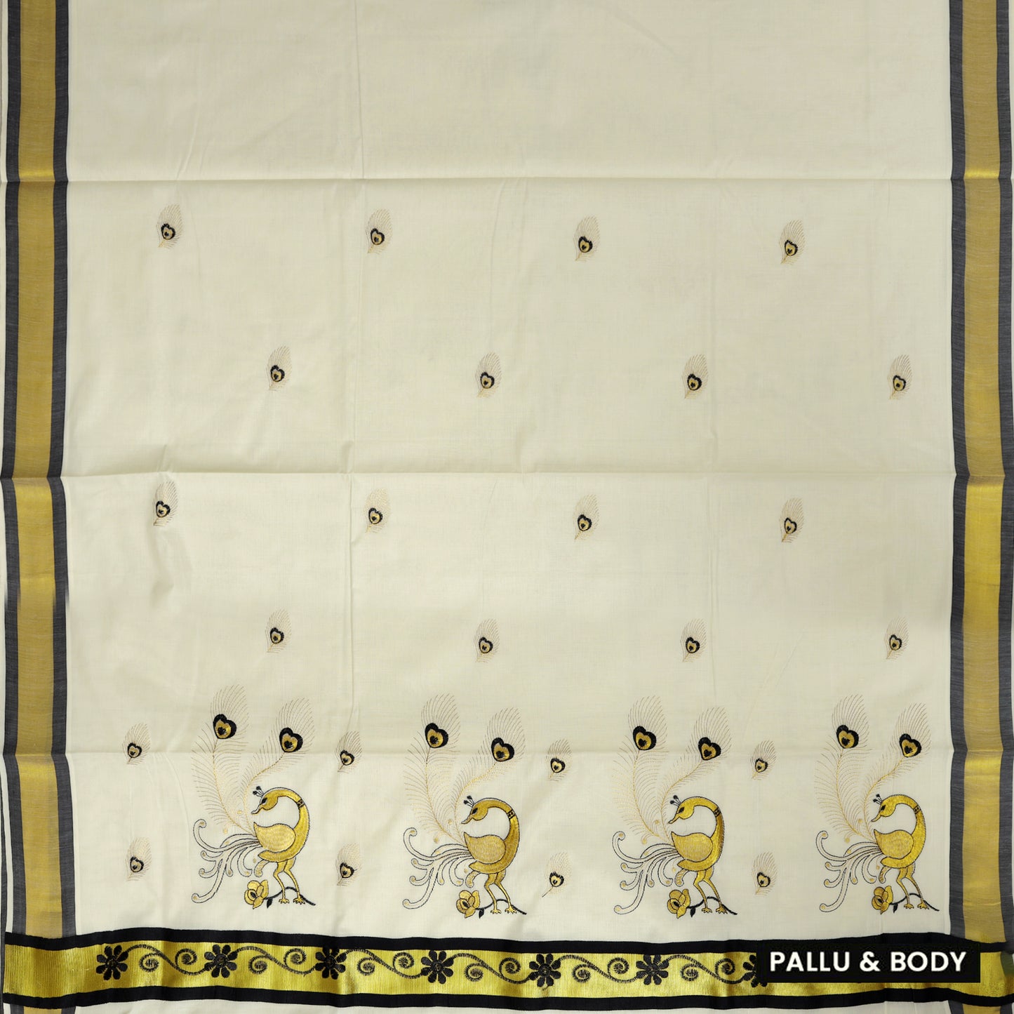 Off White With Black golden- Threaded Peacock Embroidery traditional kerala onam saree