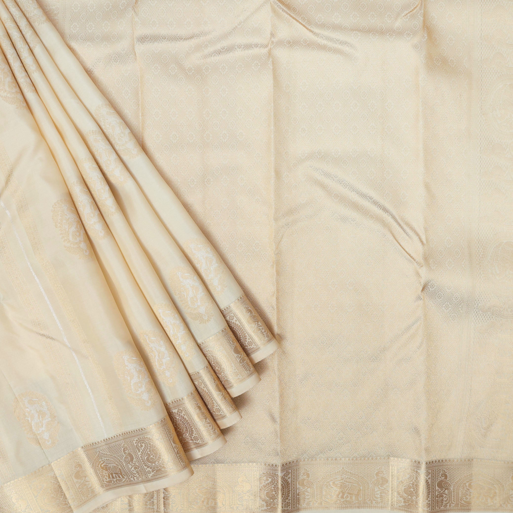Cream Color Gold Zari Border Yuvana Semi Soft Silk Saree