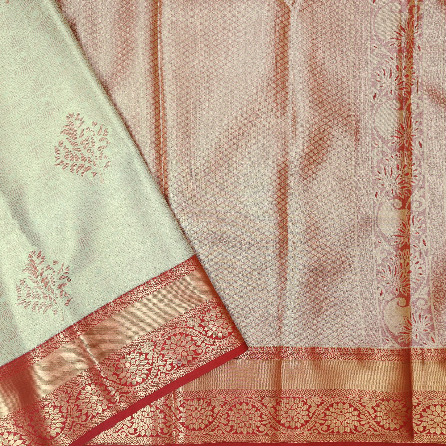 Pale Green  with Dark Red Floral Design Tissue Silk Saree