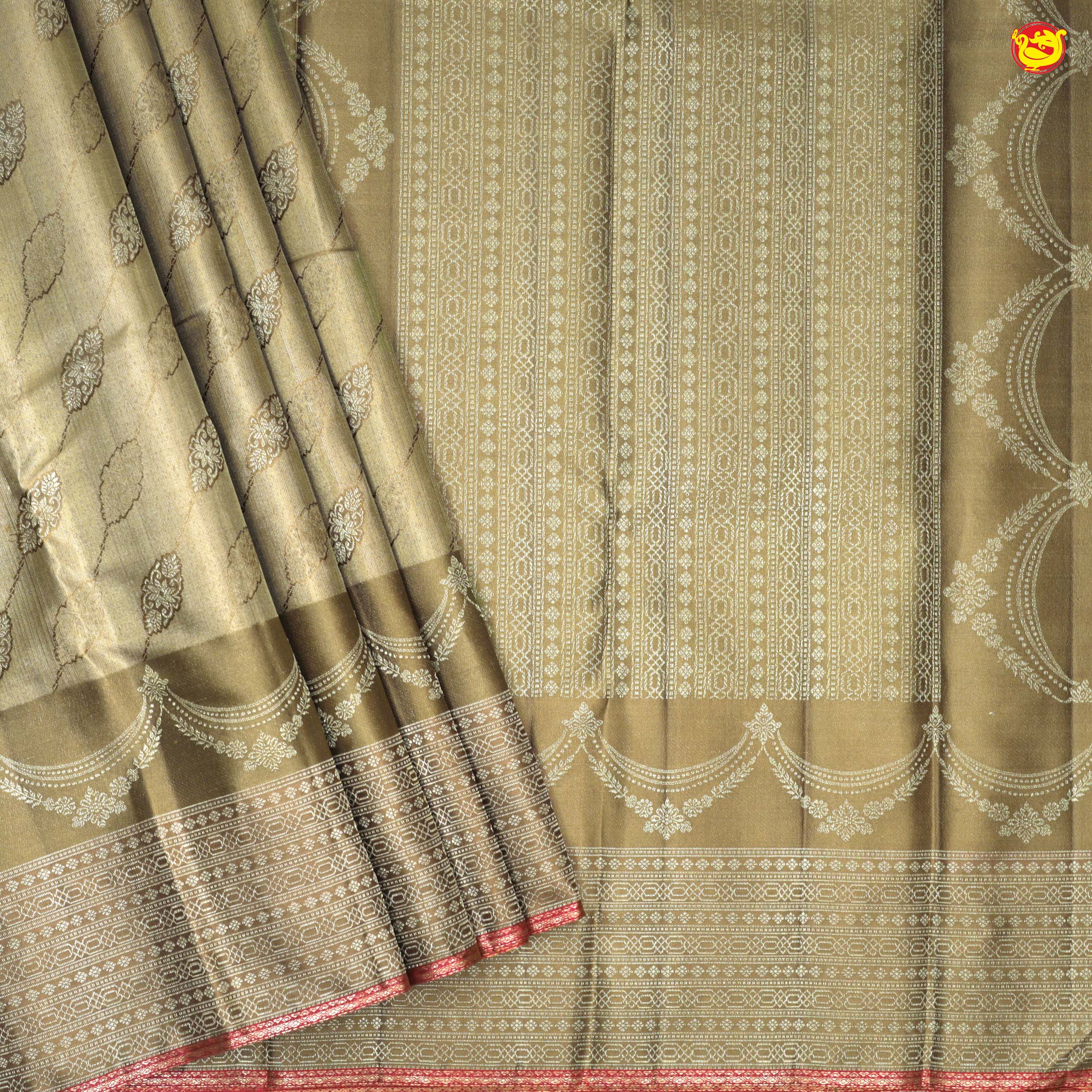 Golden Brown With Leaf Floral Motifs Gold Zari Long Border Pure Kanjivaram Wedding Silk SareeFloral Motifs Gold Zari Long Border Pure Kanjivaram Wedding Silk Saree