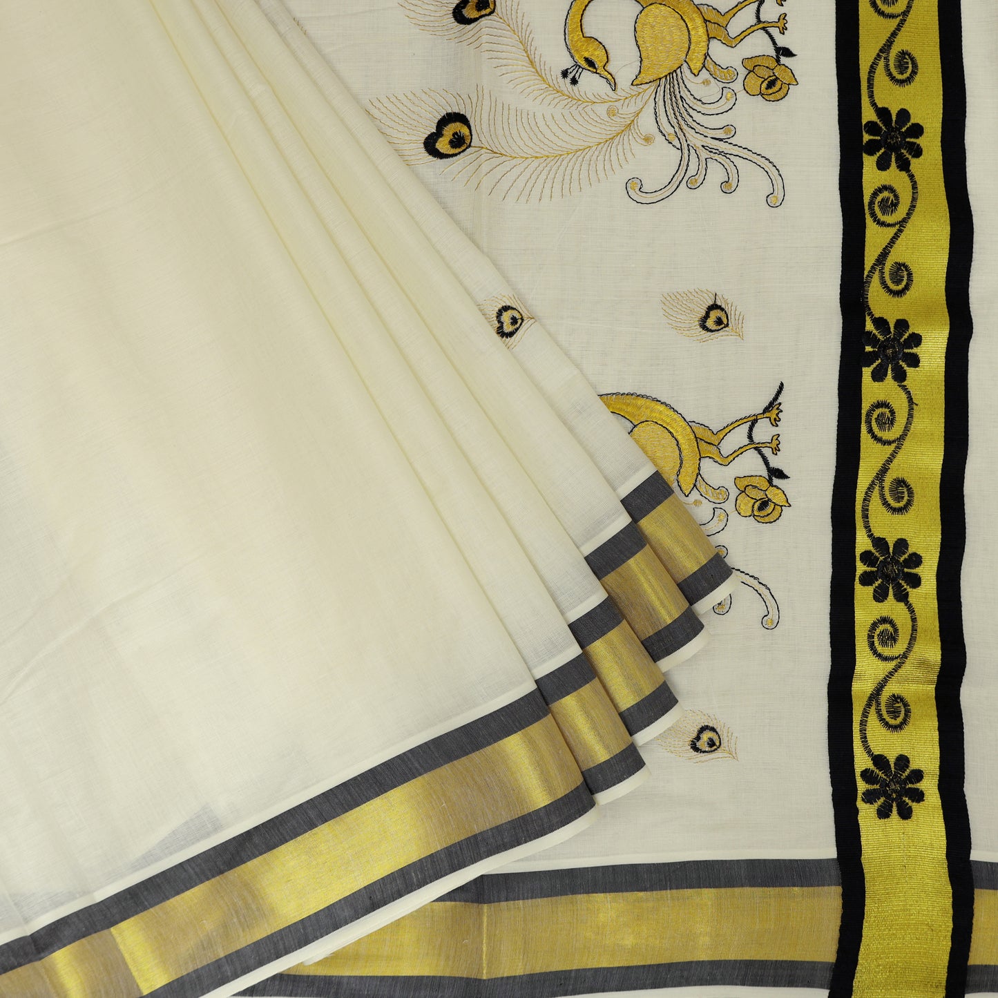 Off White With Black golden- Threaded Peacock Embroidery traditional kerala onam saree