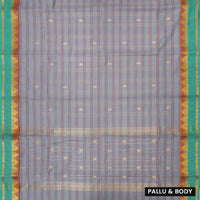 Cool Grey With Cool Green Small Checked Pattern Pure Cotton Saree without Blous