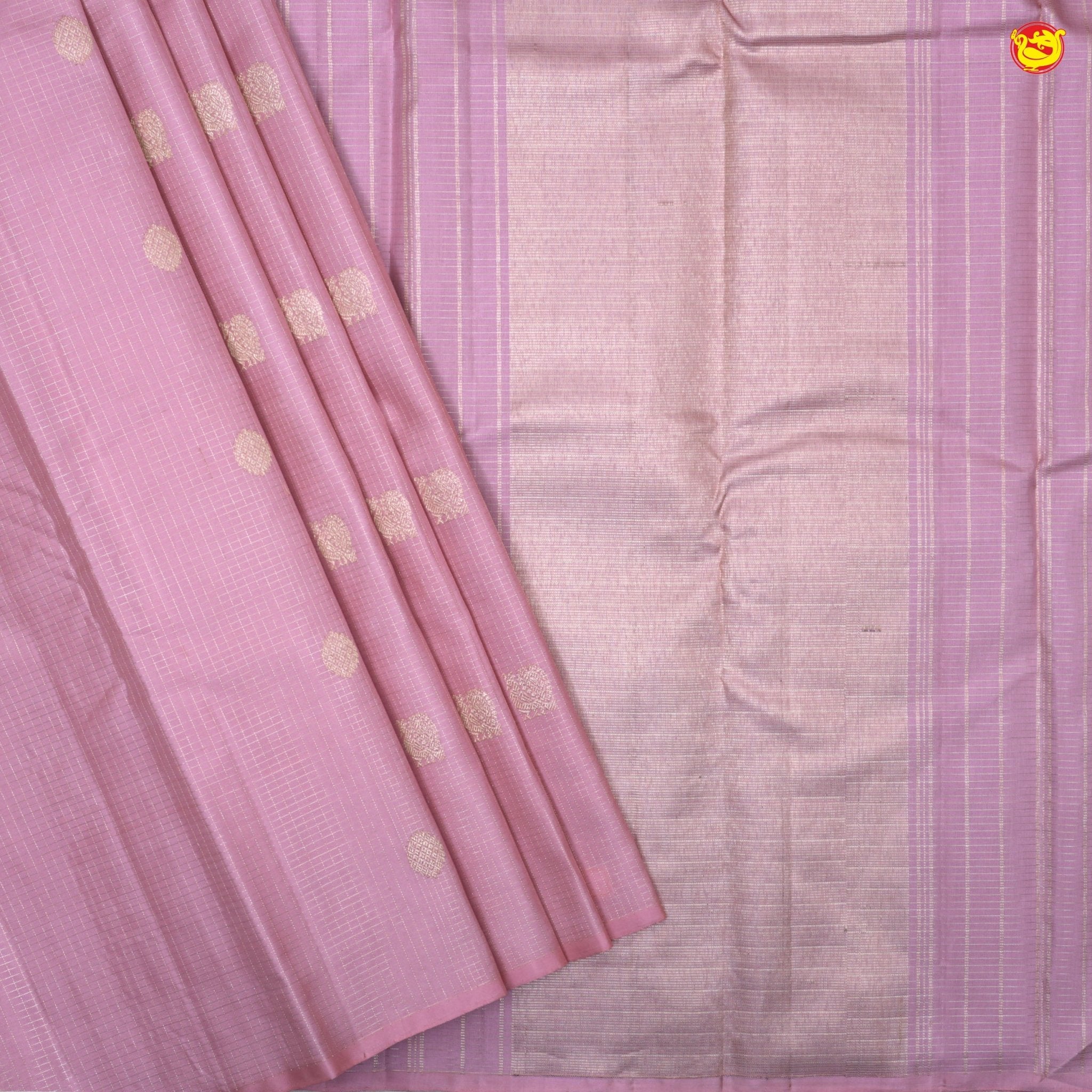 Onion Pink With Wine Checked Motifs and Peacock Buttas Gold Zari Yuvana Pure Soft Silk Saree