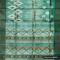 Pure Tussar Silk Saree Green With Floral Design and Painted Prints and Zari Woven Border