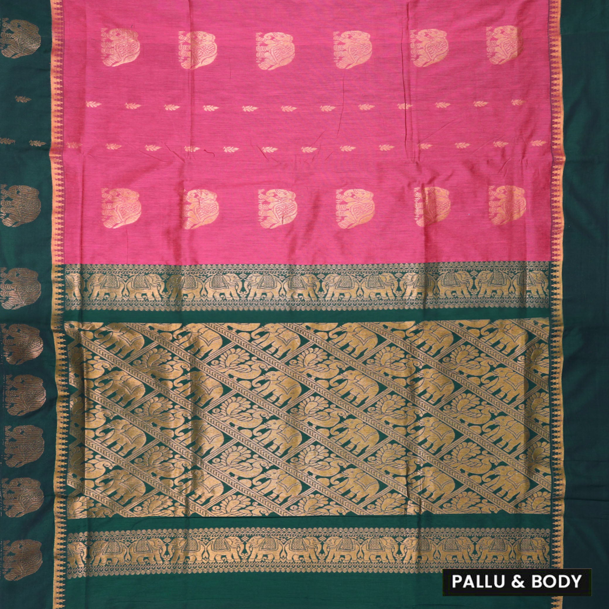 Rani Pink With Bottle Green Premium Quality Kalyani Cotton Saree