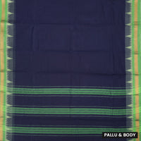 Dark Navy  Blue With Lime Green Pure Chettinad Cotton  Saree without Blouse