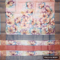 Pure Tussar Silk Saree Cream and Peacock Blue With Floral Design and Painted Prints and Zari Woven Border