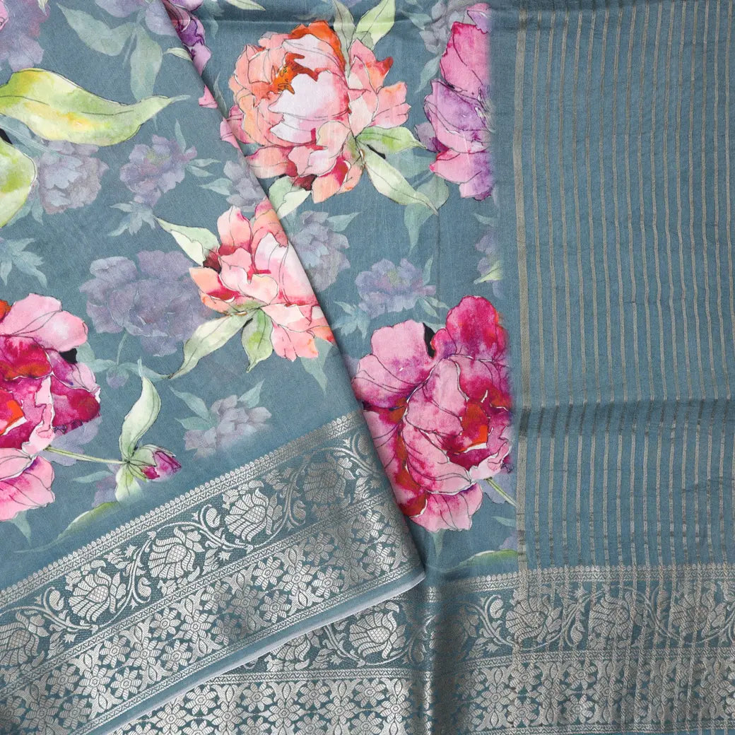 Grayish-blue with Floral Design Dola Silk Saree