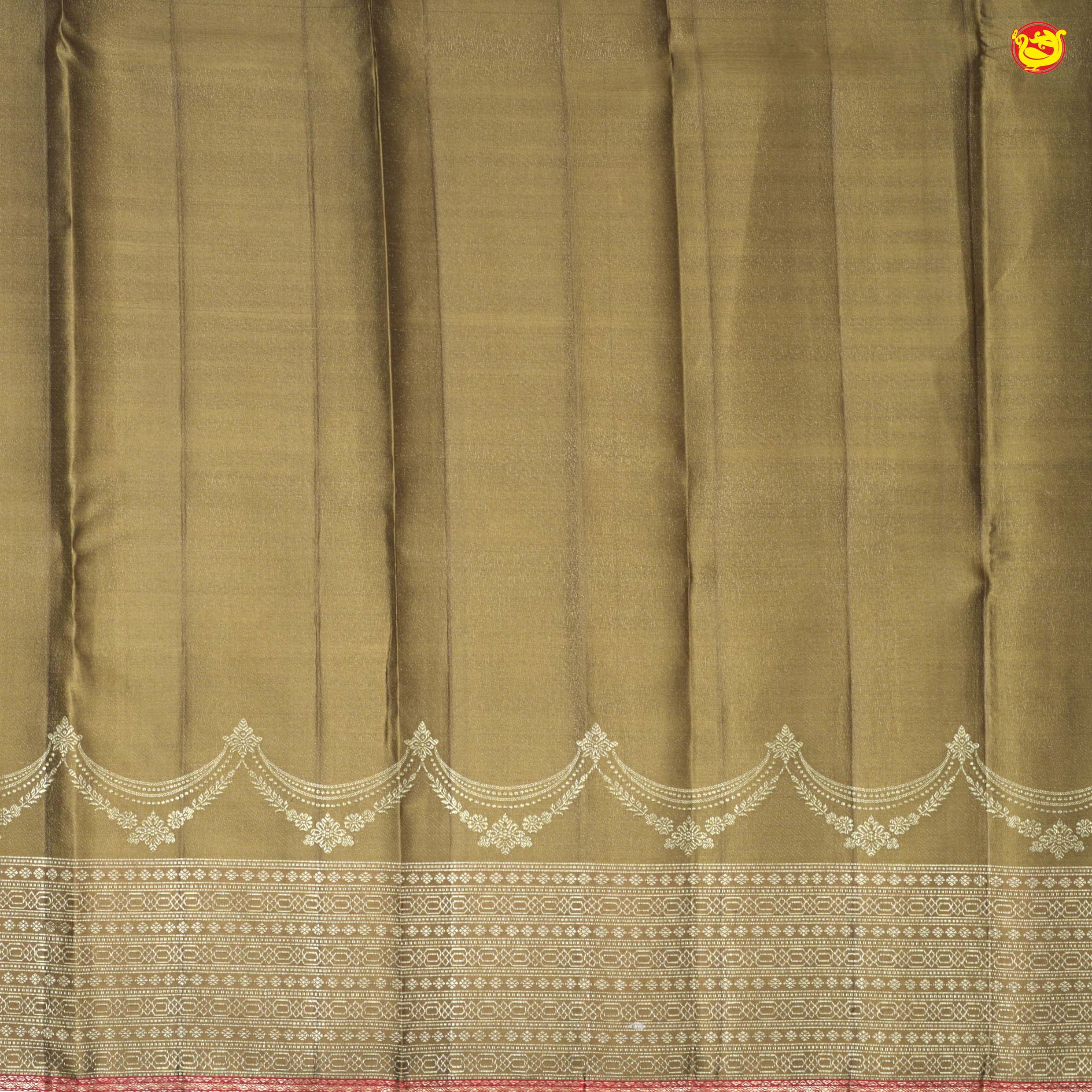 Golden Brown With Leaf Floral Motifs Gold Zari Long Border Pure Kanjivaram Wedding Silk