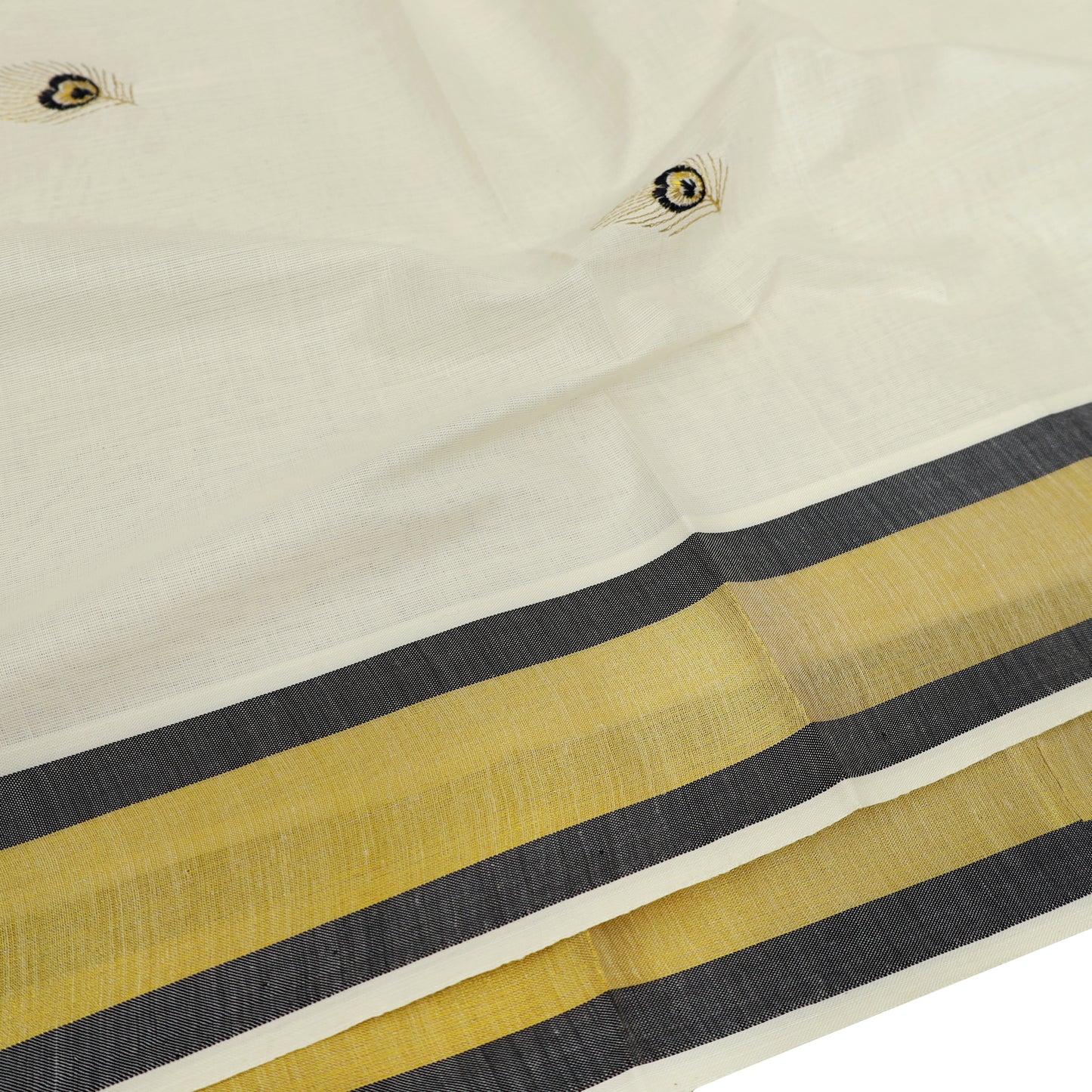 Off White With Black golden- Threaded Peacock Embroidery traditional kerala onam saree