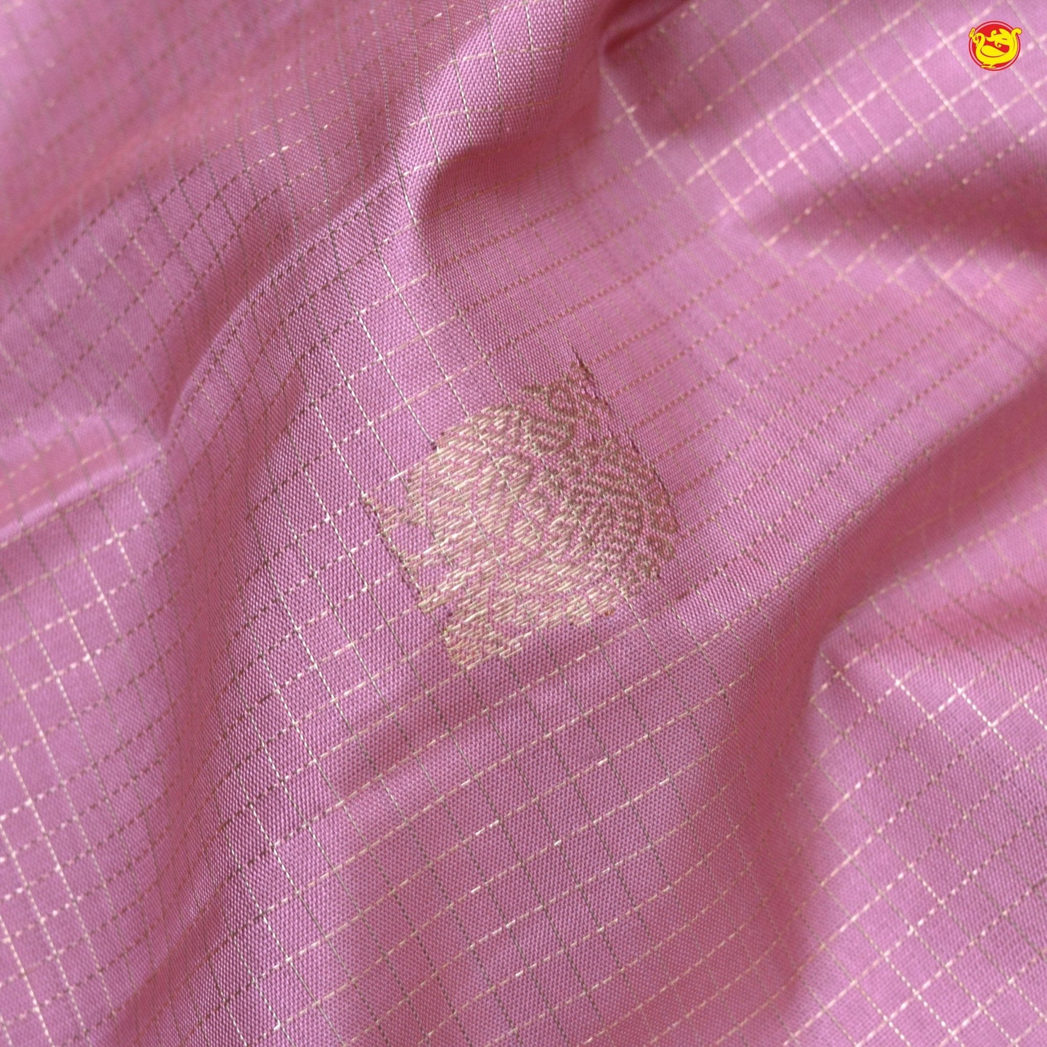 Onion Pink With Wine Checked Motifs and Peacock Buttas Gold Zari Yuvana Pure Soft Silk Saree - Thenianantham