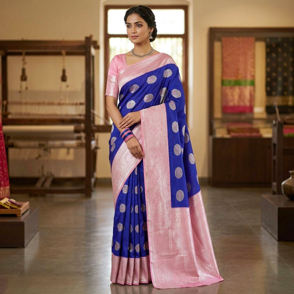 Royal Blue with Baby Pink Soft Silk Saree
