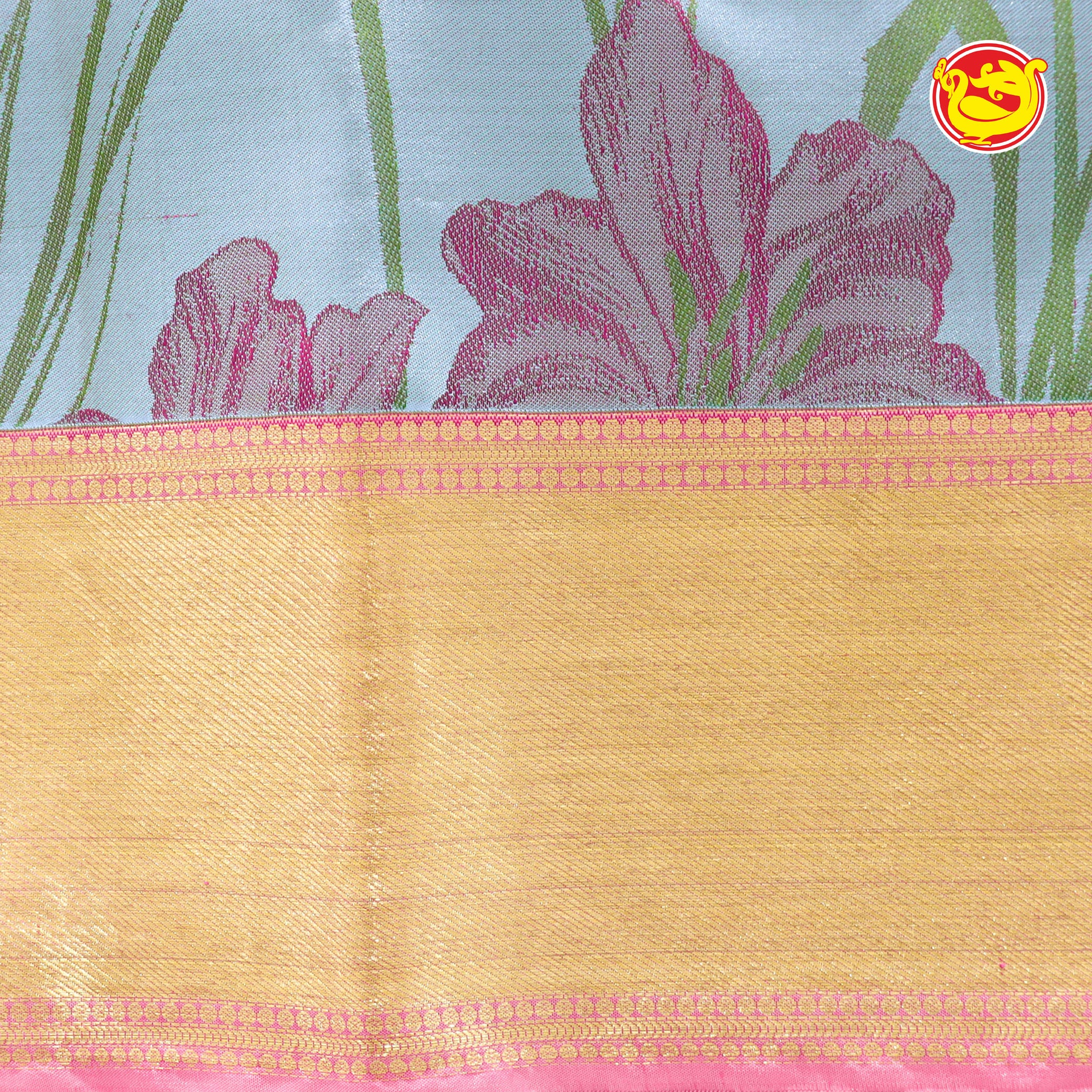 Metallic blue with pink pure silk saree with woven floral motifs