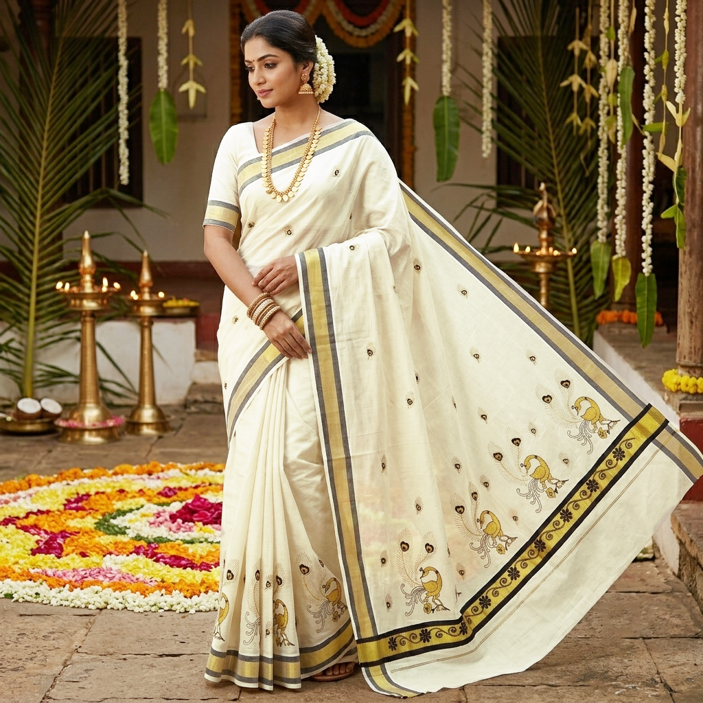 Off White With Black golden- Threaded Peacock Embroidery traditional kerala onam saree
