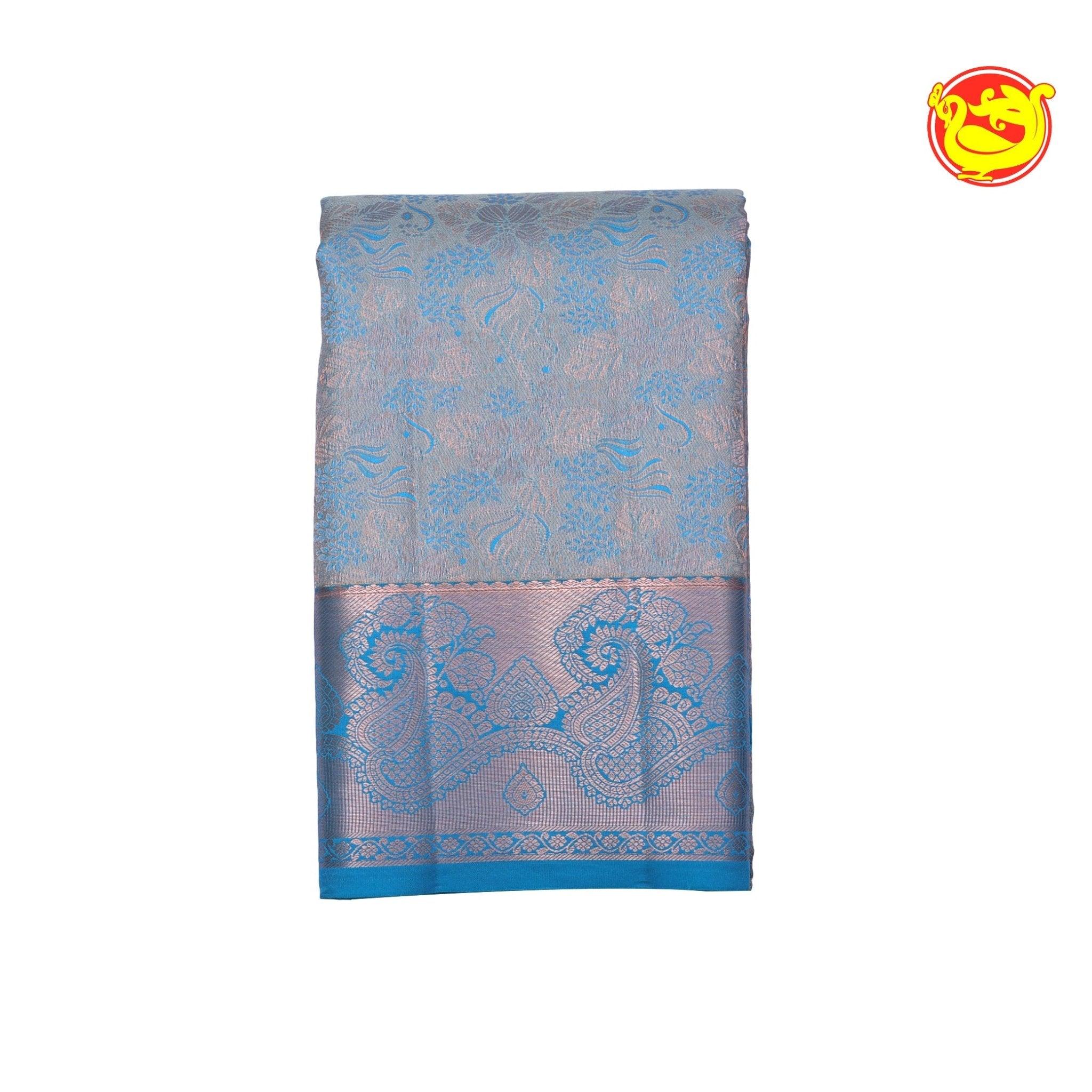 Light Blue Wedding Silk Saree With Peacock Blue Pallu - Thenianantham