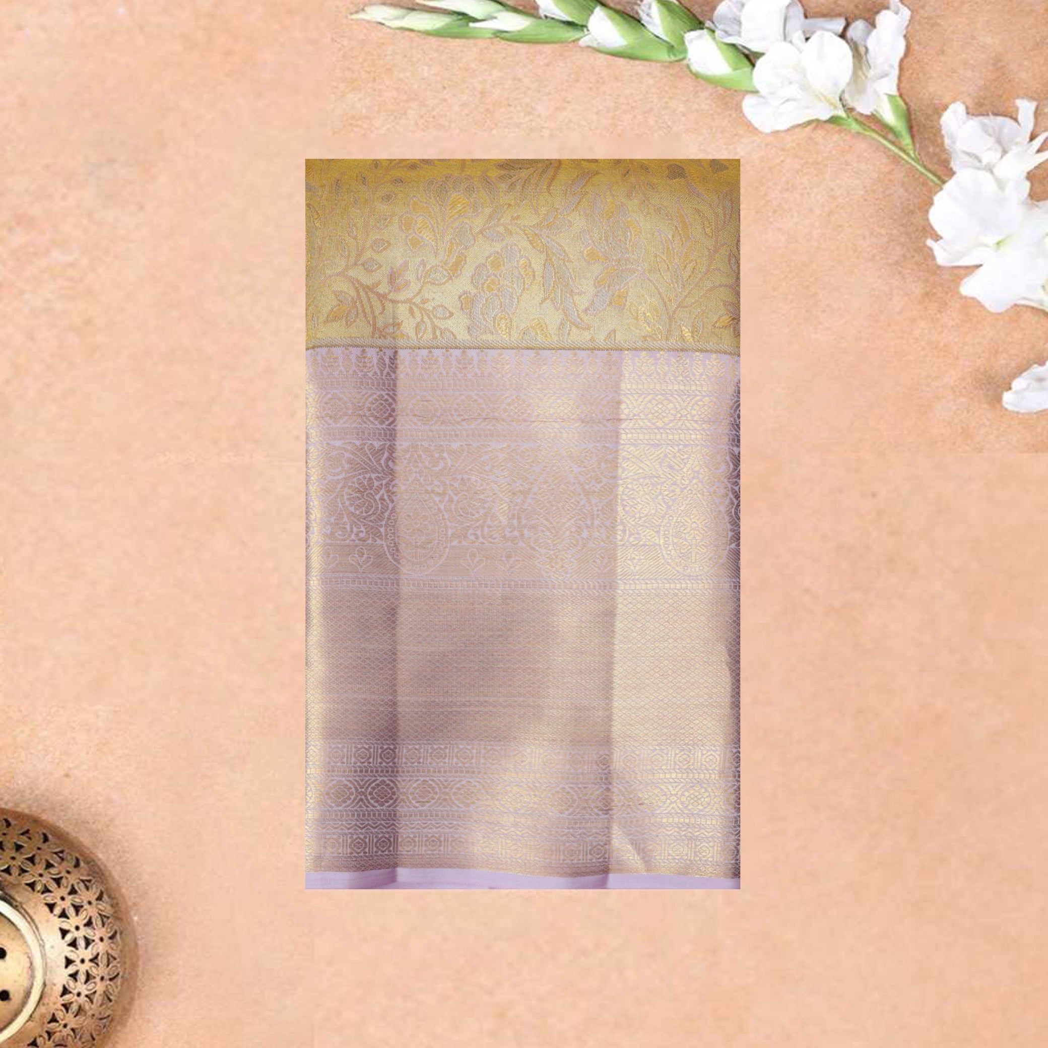 Golden Color With Light Pink Golden Zari Border Wedding Silk Saree