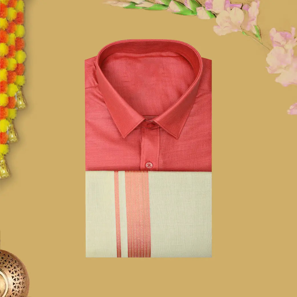 Brick Red With Sandel Cotton Readymade Shirt and Singel Matching Border Dhoti Set For Men
