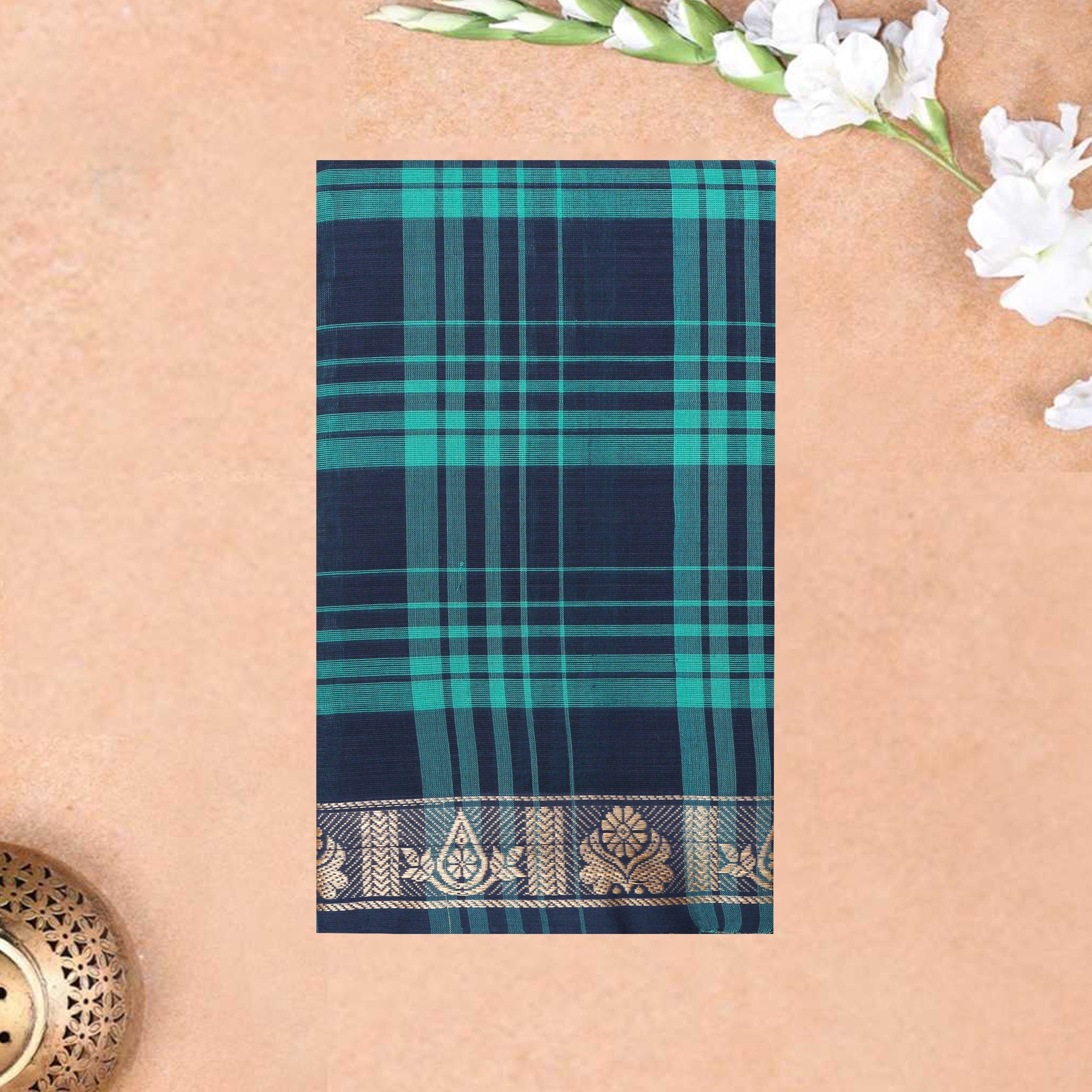 Green – Navy Blue  Colour Small Checked Pattern Pure Chettinad Cotton Saree without Blouse