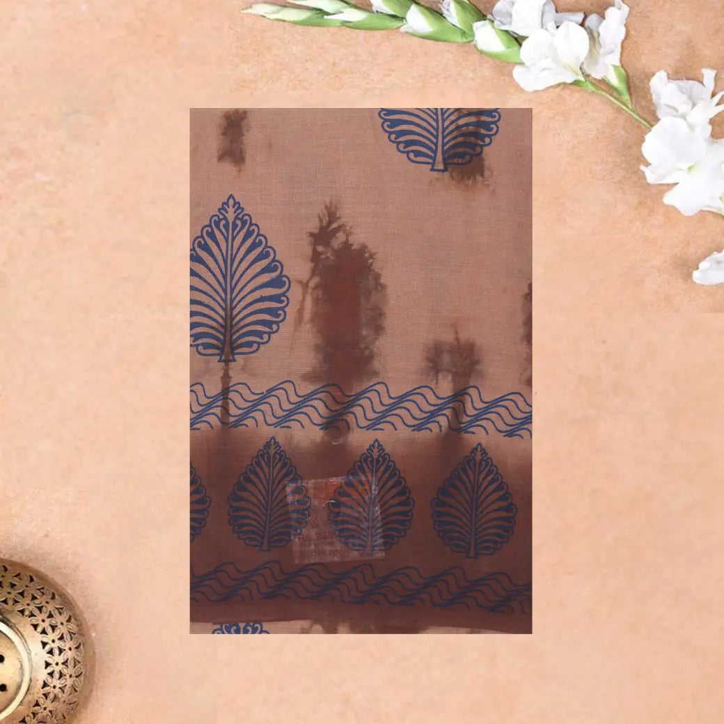 brown and blue Sungudi Cotton Saree without Blouse
